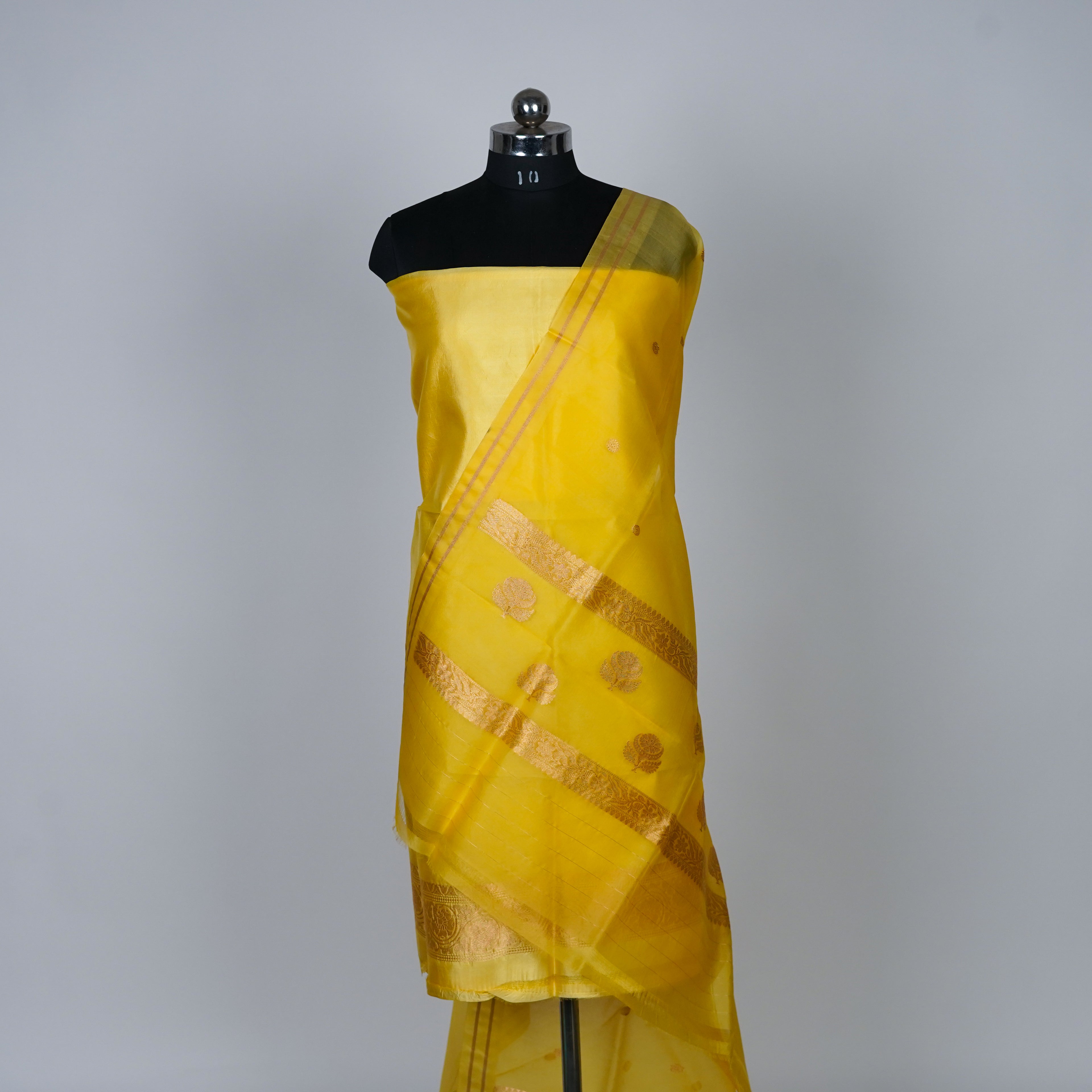 Yellow Banarasi Handloom Luxury Suit set contrast with light lemon yellow color.
