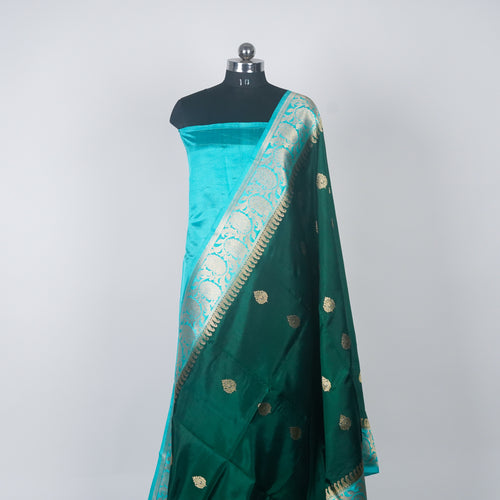 Bottle Green Contrast with Sky blue border - Pure Raw Mango Banarasi Saree with Golden Boota Motifs