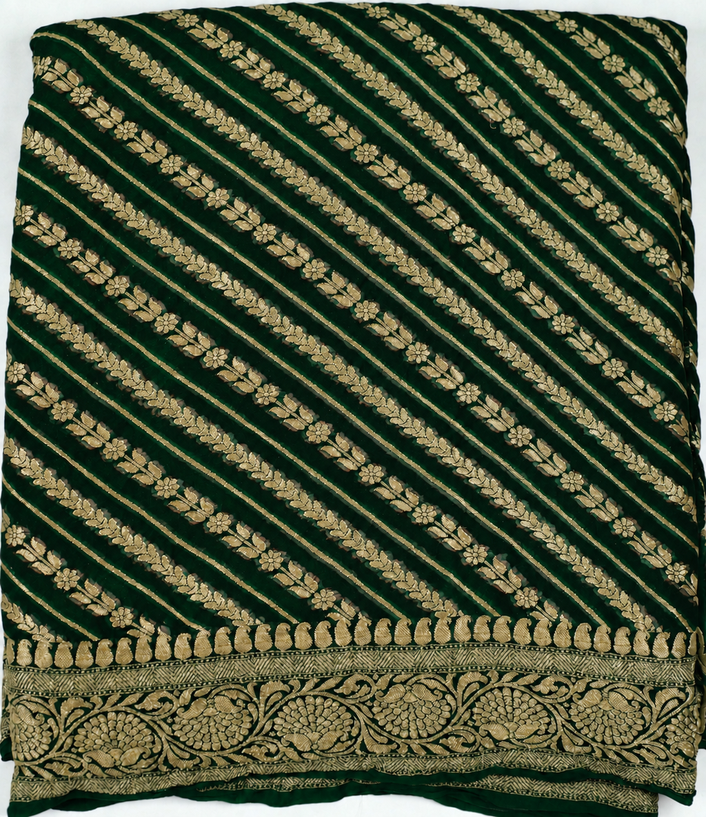 Deep Green - Pure Khaddi Chiffon Georgette Silk Banarasi Saree