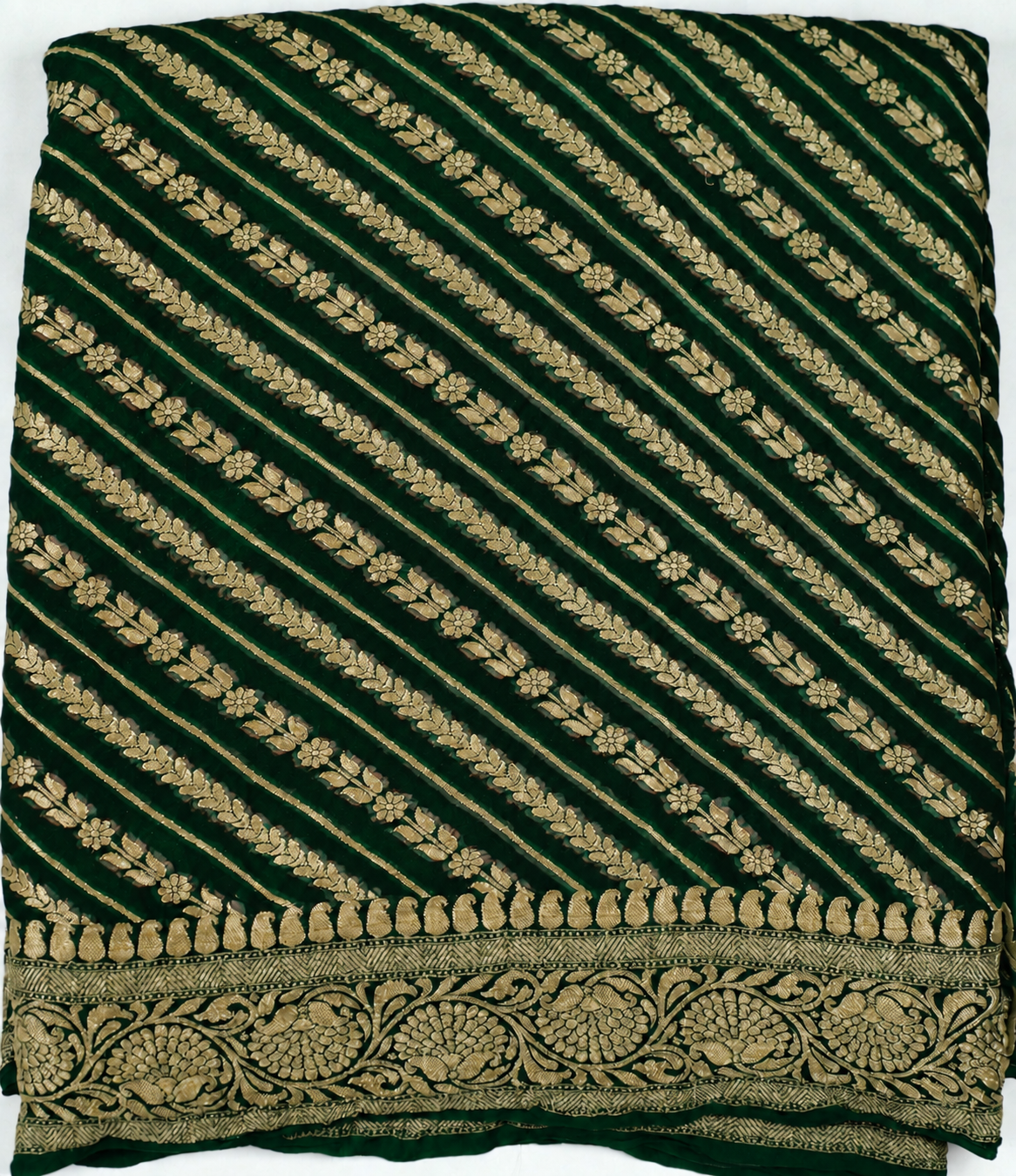 Deep Green - Pure Khaddi Chiffon Georgette Silk Banarasi Saree