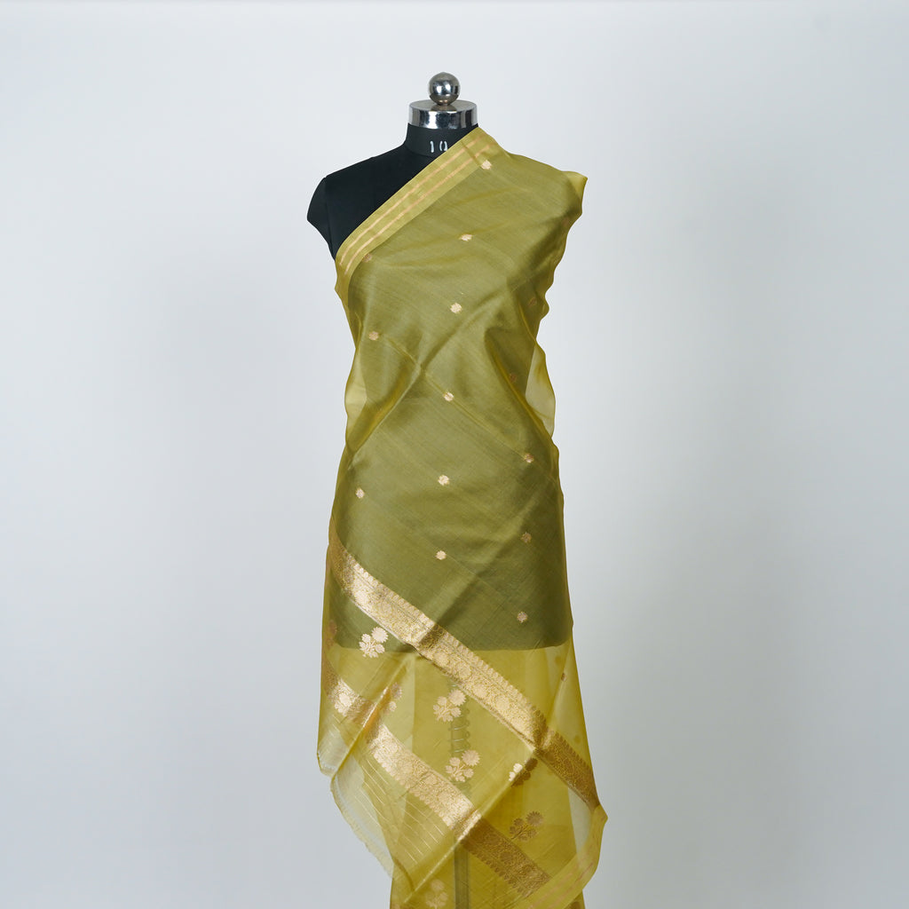 Lemon Yellow - Pure Organza Banarasi Dupatta with small Booti design