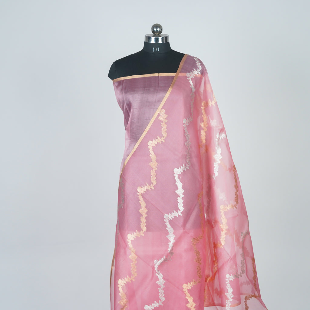 Baby Pink - Pure Organza Banarasi Saree with Banarasi Half Laheria in gold and silver