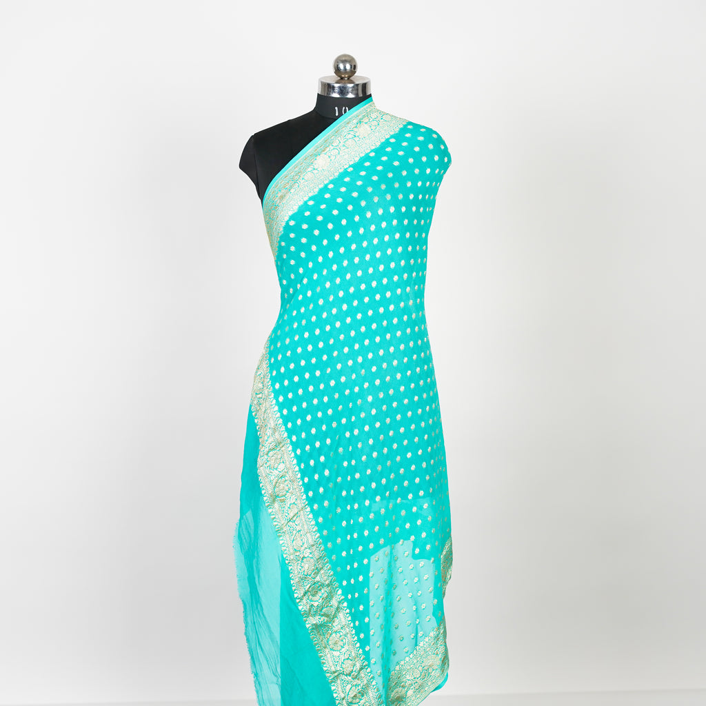 Cyan Green - Pure Georgette Banarasi Dupatta with Floral Booti Pattern