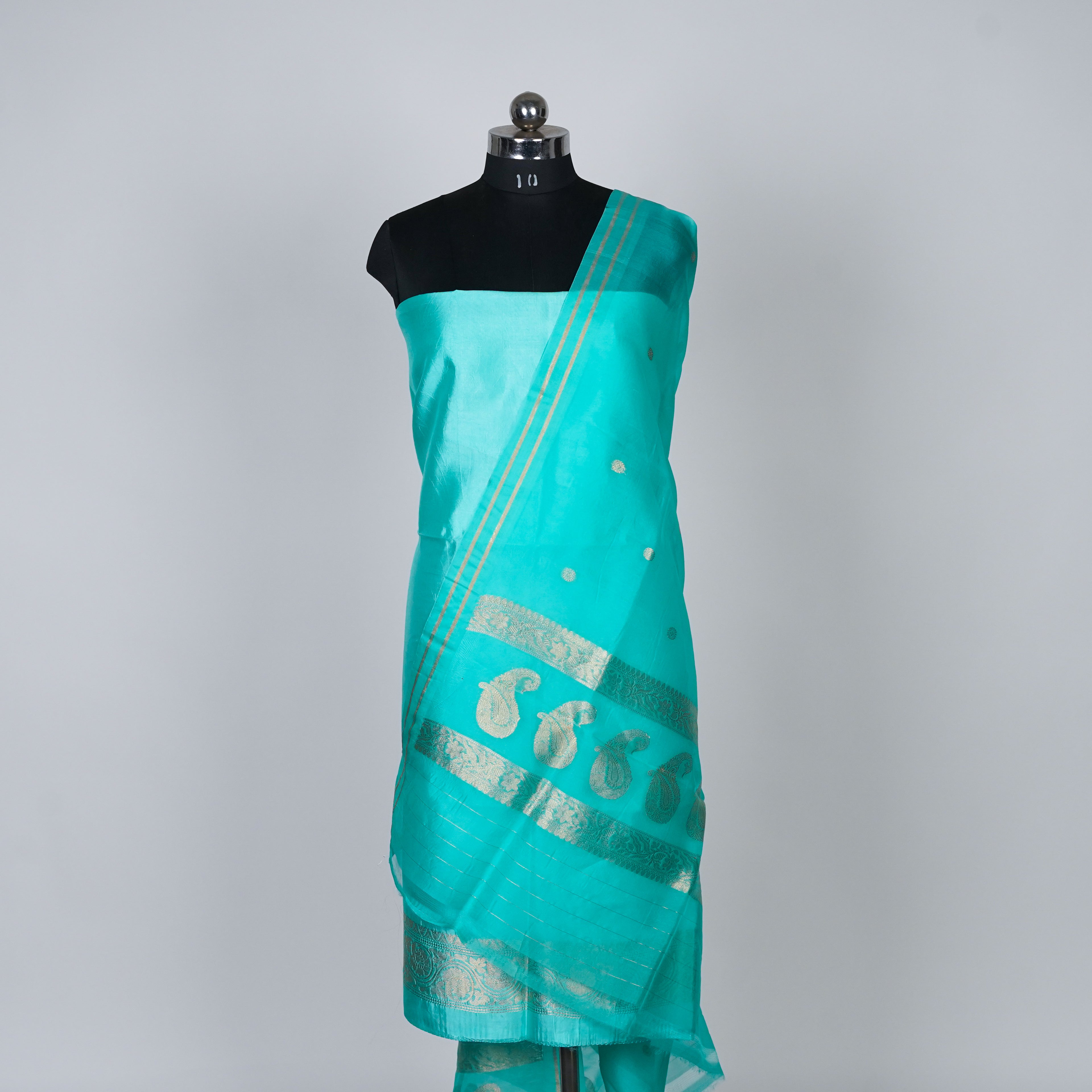 Teal Green Banarasi Handloom Luxury Suit set contrast with Aqua Teal Green color.