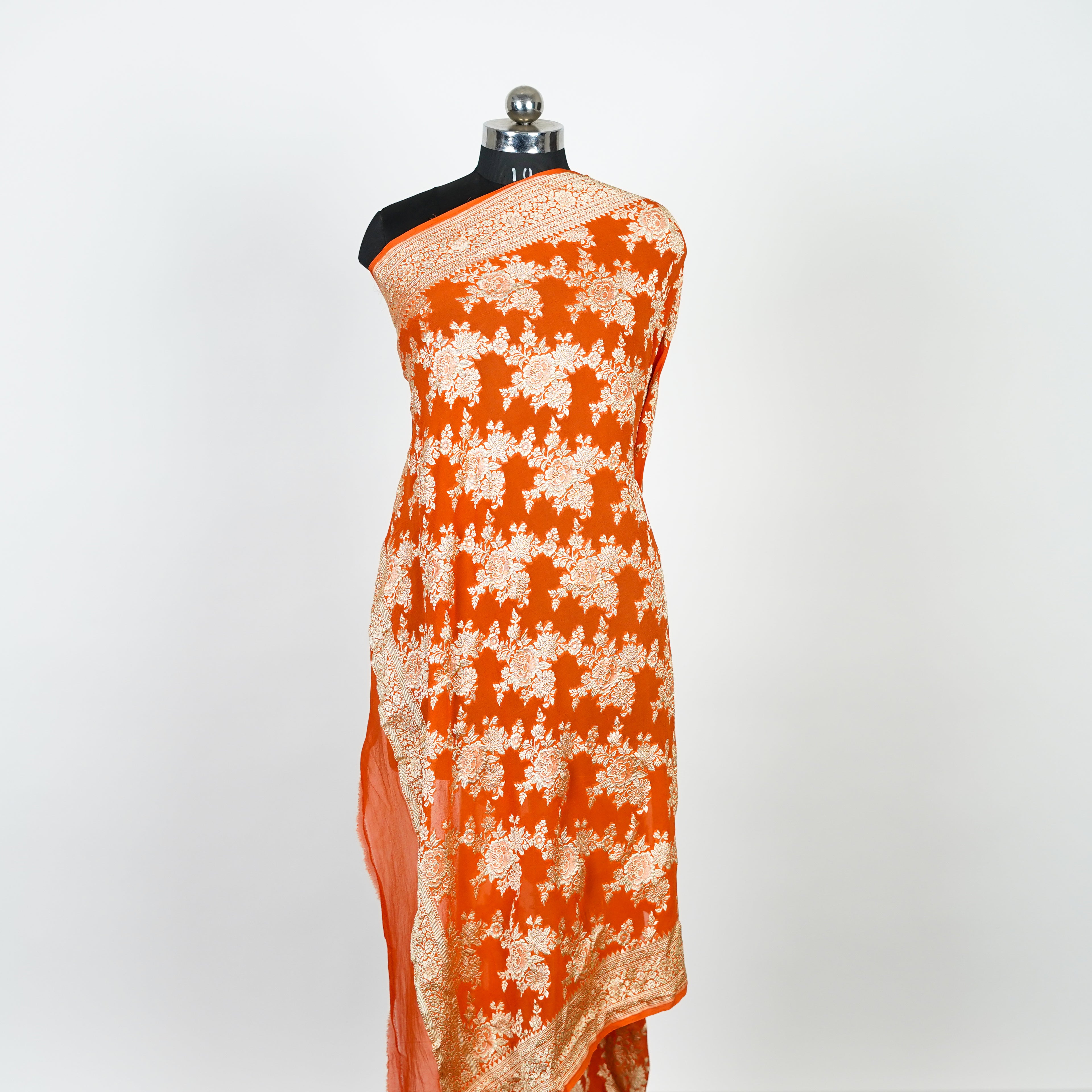 Bright Orange - Pure Georgette Banarasi Dupatta with Floral Jaal Pattern