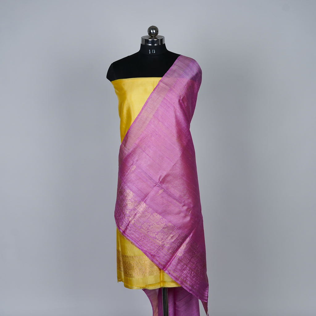 Yellow Banarasi Handloom Luxury Suit set contrast with pink color.