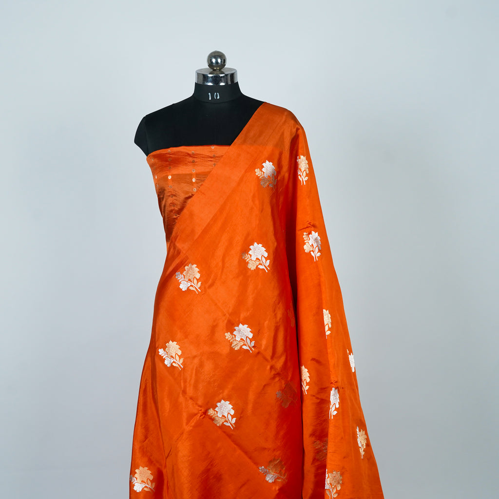 Reddish Orange - Pure Raw Mango Banarasi Saree with Silver Zari and Skirt Border Design