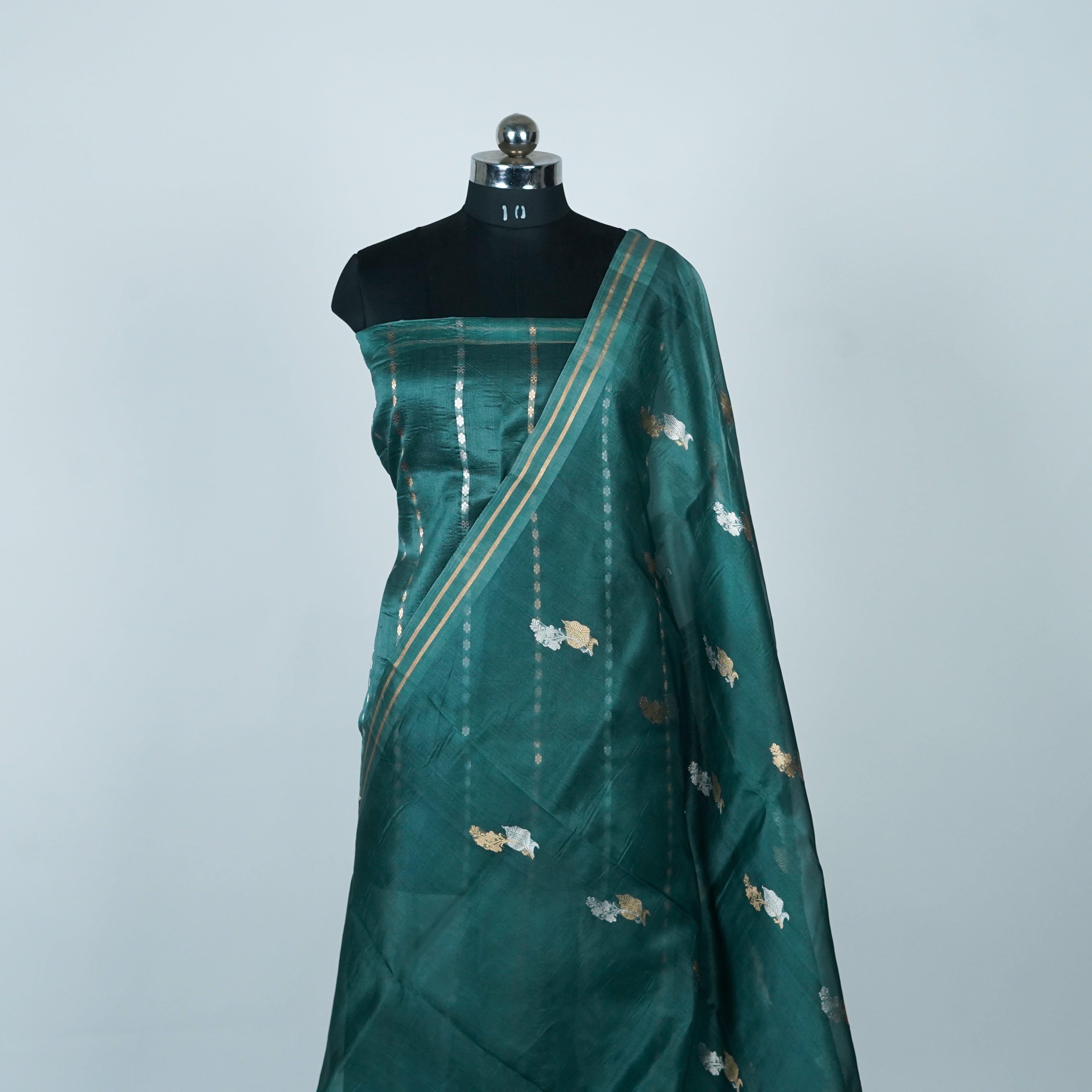 Emerald Deep Green - Pure Organza Banarasi Saree with light Golden silver Zari Booti
