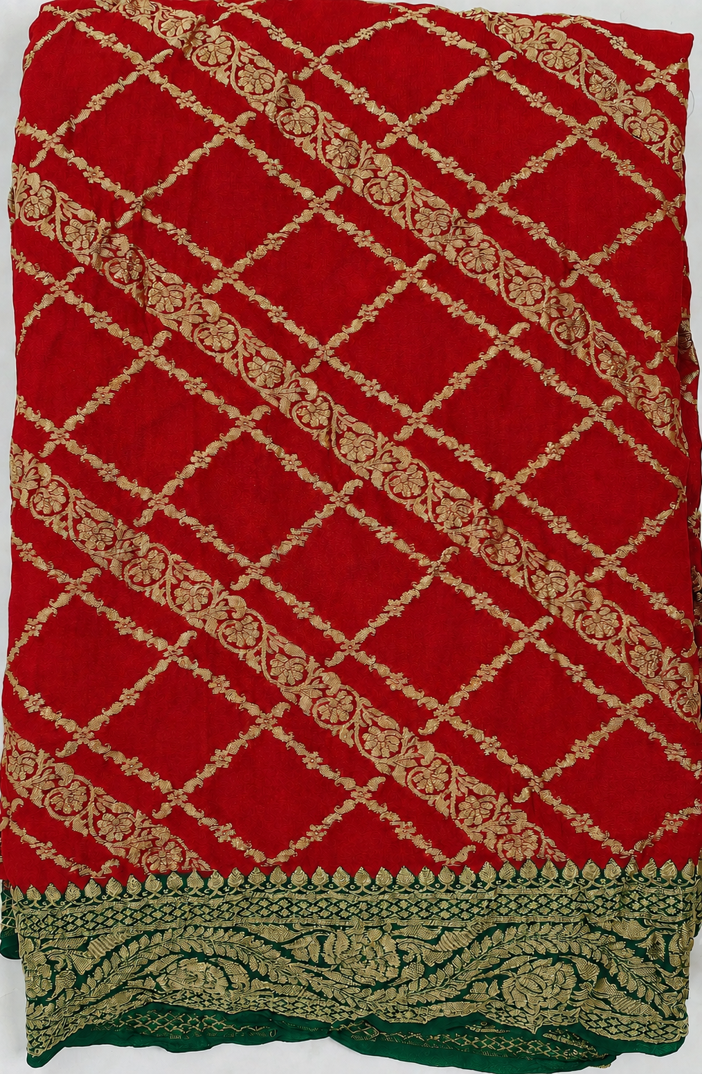 Classic Red contrast with Deep Green- Pure Khaddi Chiffon Georgette Silk Banarasi Saree