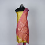 Yellow Banarasi Handloom Luxury Suit set contrast with Cherry pink color.