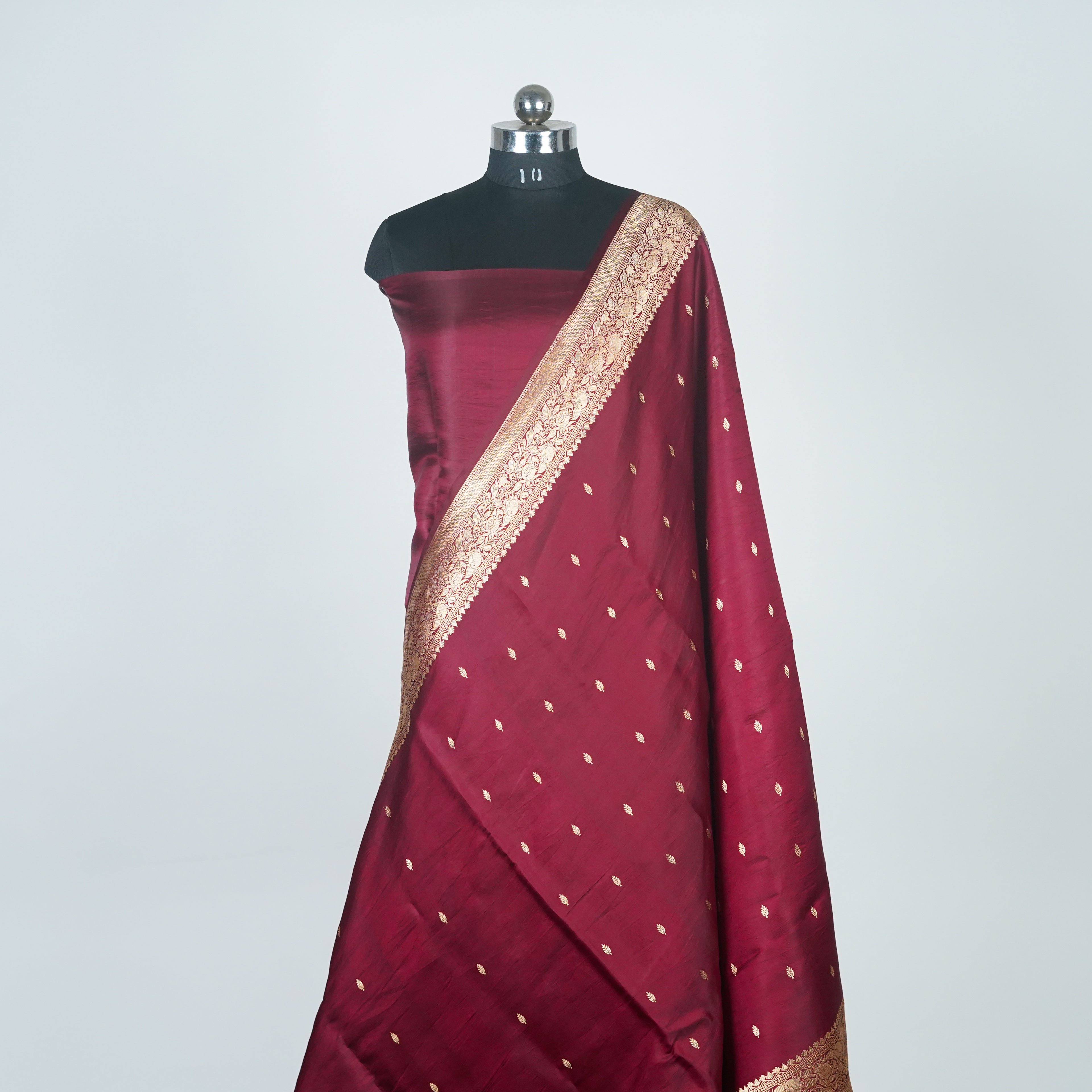Deep Garnet - Pure Chiniya Mashru Silk Banarasi Saree with small golden zari booti