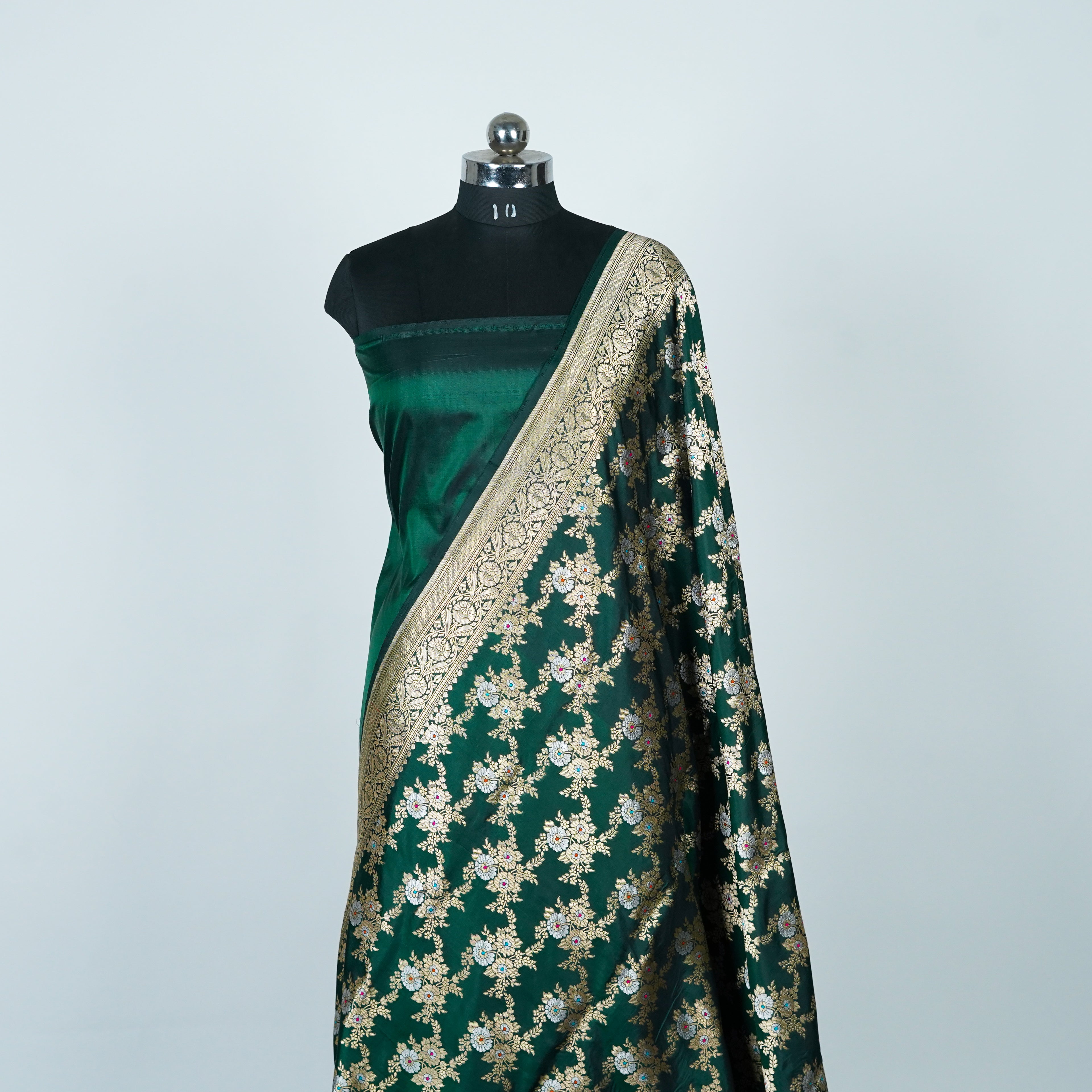 Bottle Green - Pure Katan Silk Banarasi Saree with water zari and multi color Jaal