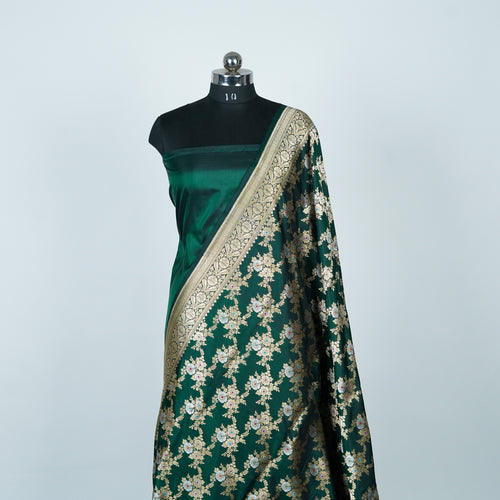 Bottle Green - Pure Katan Silk Banarasi Saree with water zari and multi color Jaal