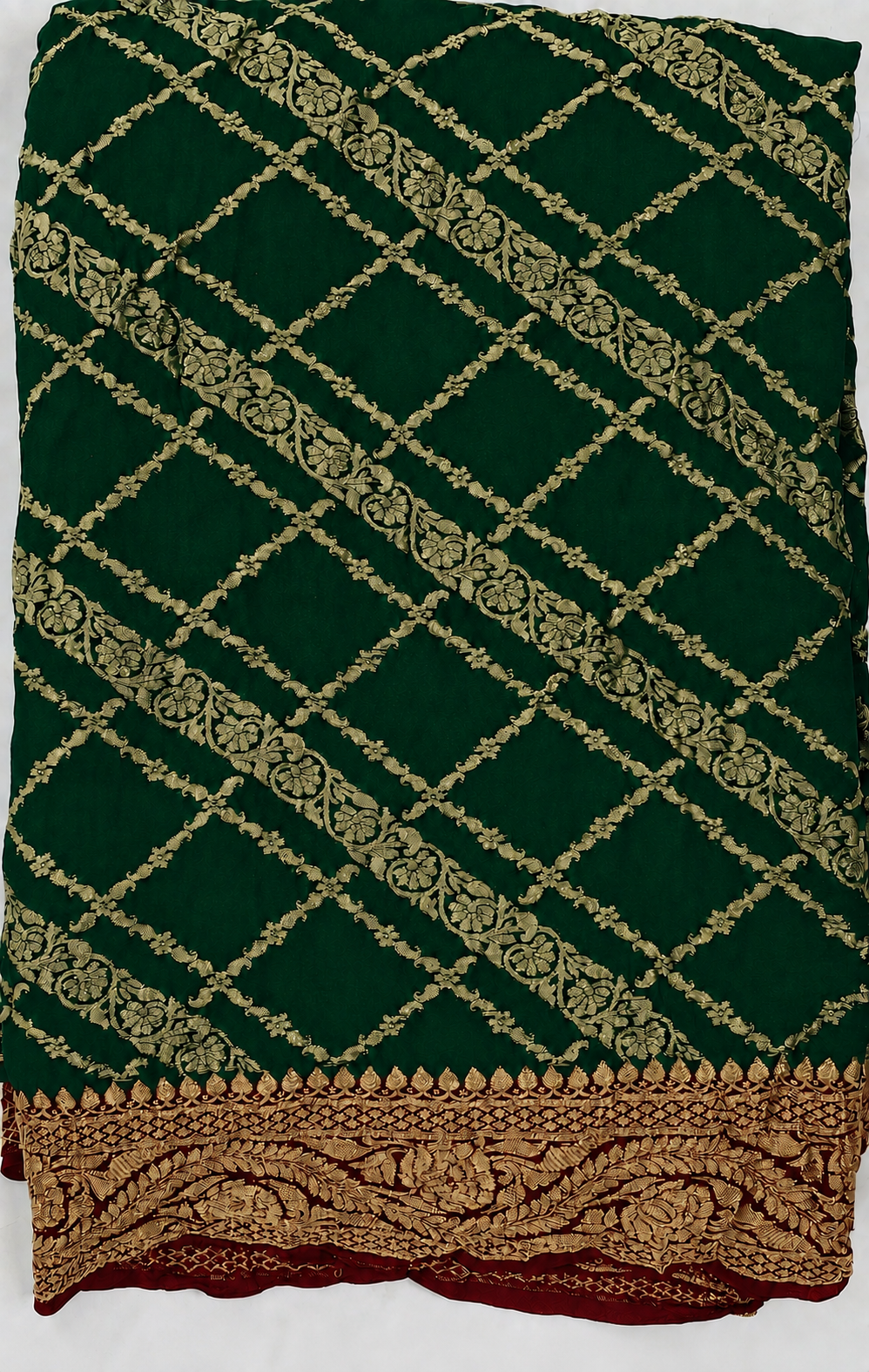 Bottle Green contrast with classic Red - Pure Khaddi Chiffon Georgette Silk Banarasi Saree