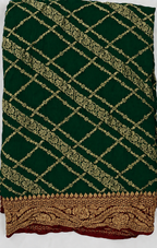 Bottle Green contrast with classic Red - Pure Khaddi Chiffon Georgette Silk Banarasi Saree