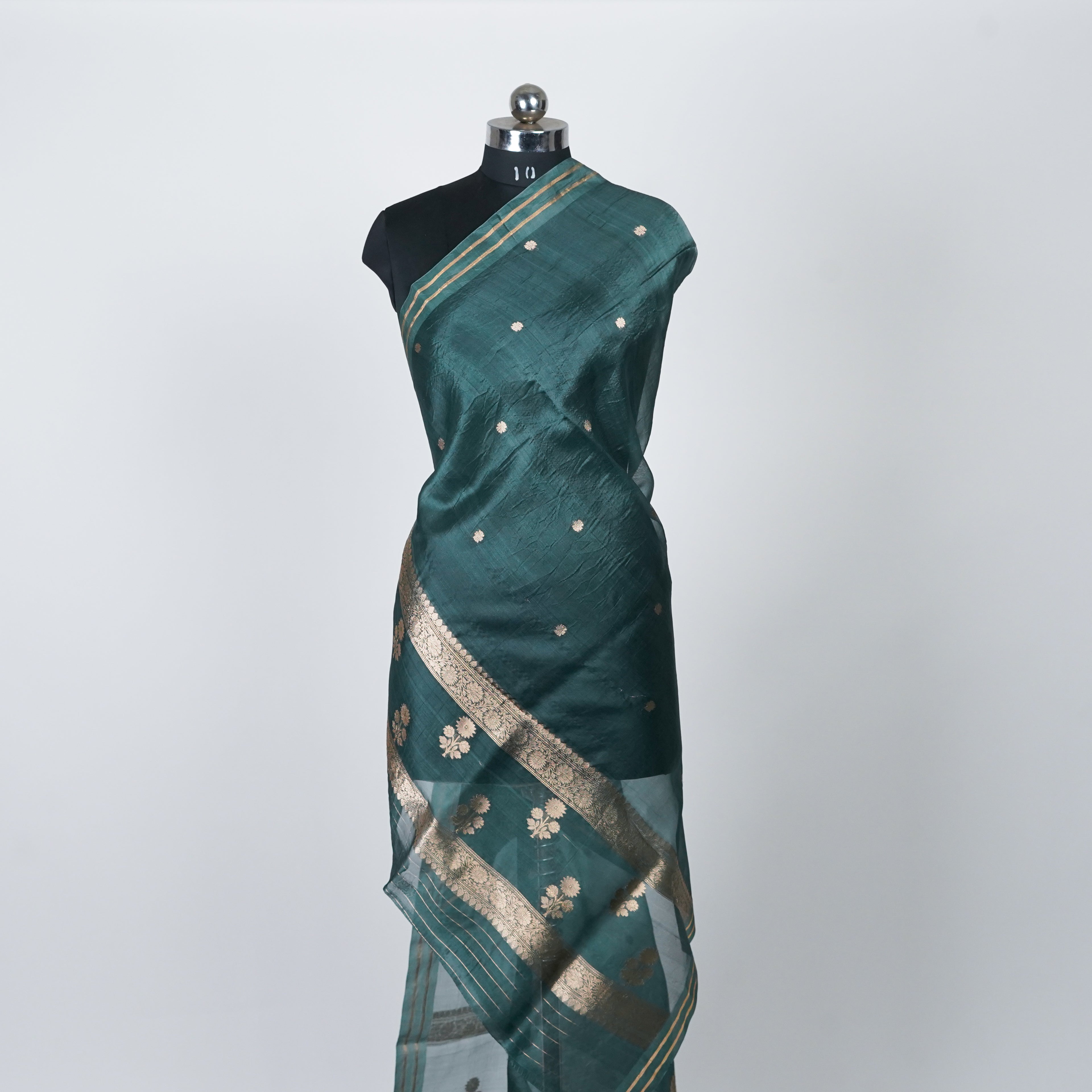 Emerald Deep Green - Pure Organza Banarasi Dupatta with small Booti design