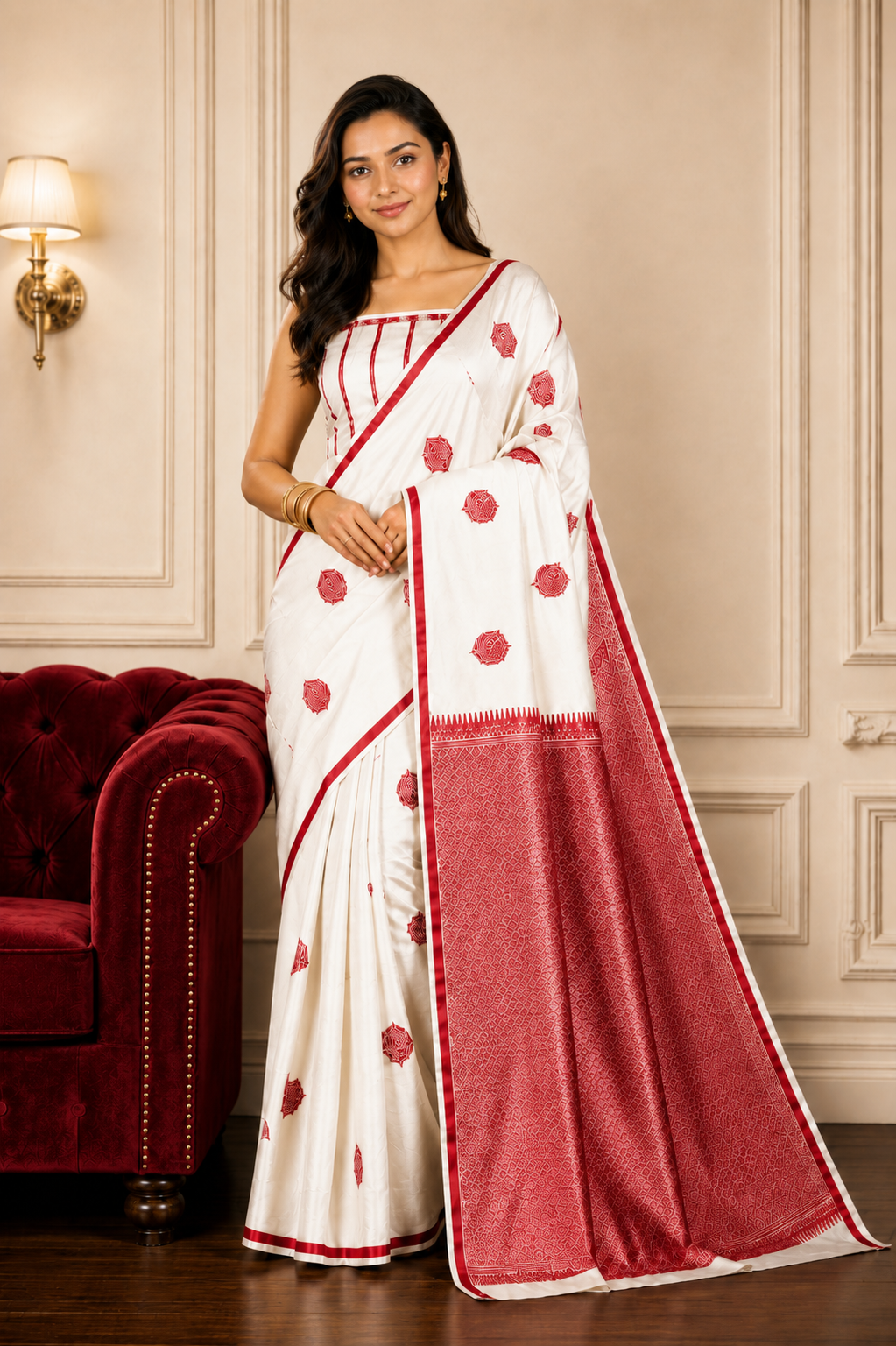 Off white with beautiful Red motifs - Pure Soft Mashru Silk Banarasi Saree
