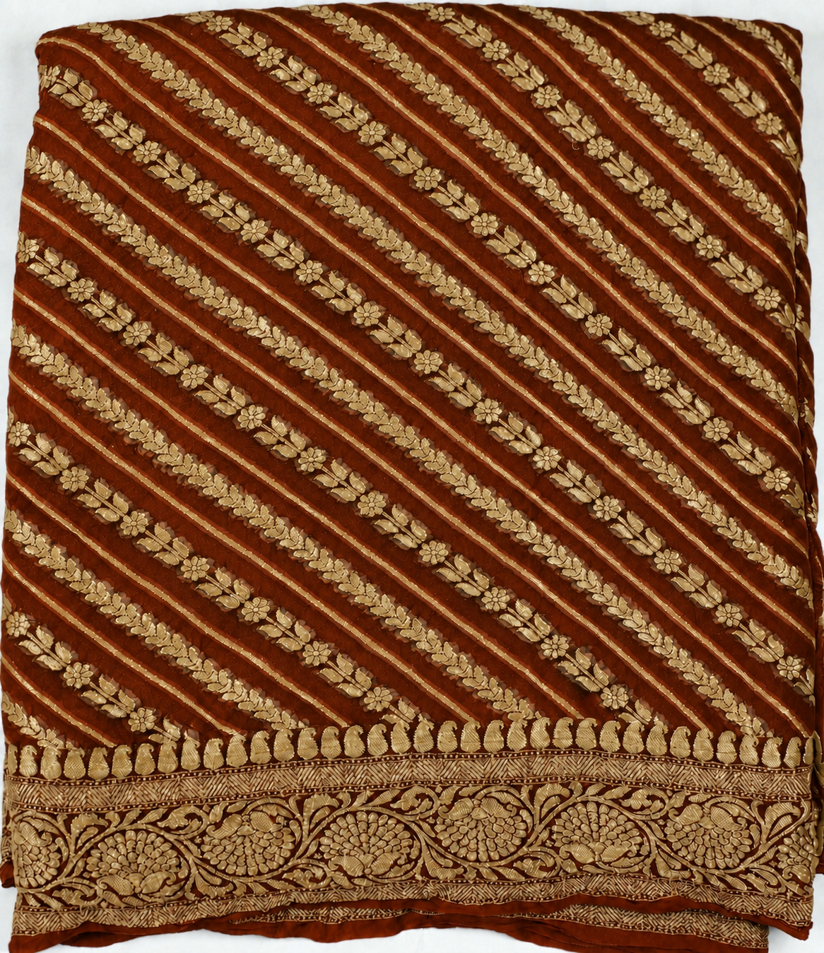 Rust Orange - Pure Khaddi Chiffon Georgette Silk Banarasi Saree