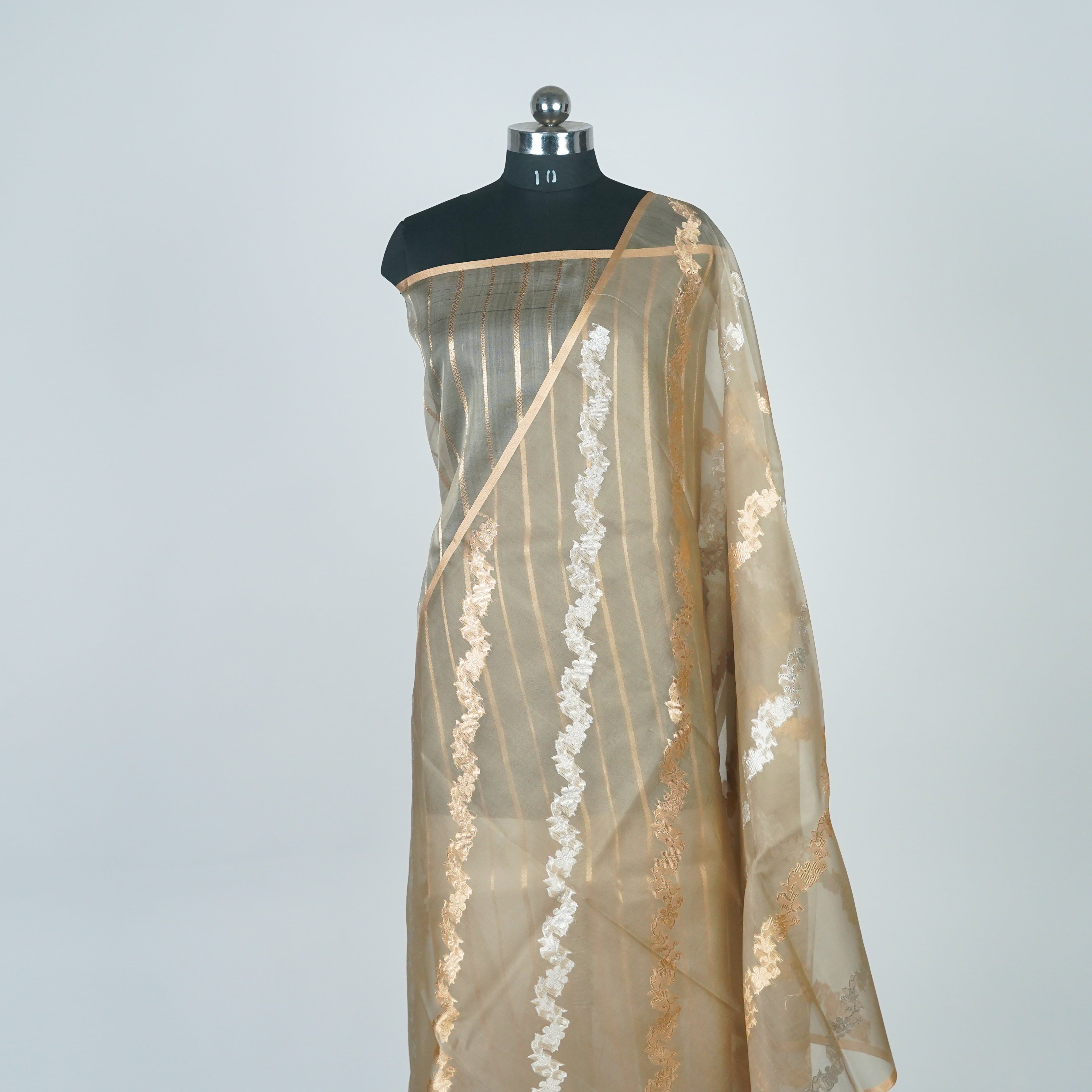 Dark Tussar - Pure Organza Banarasi Saree with Banarasi Half Laheria in gold and silver