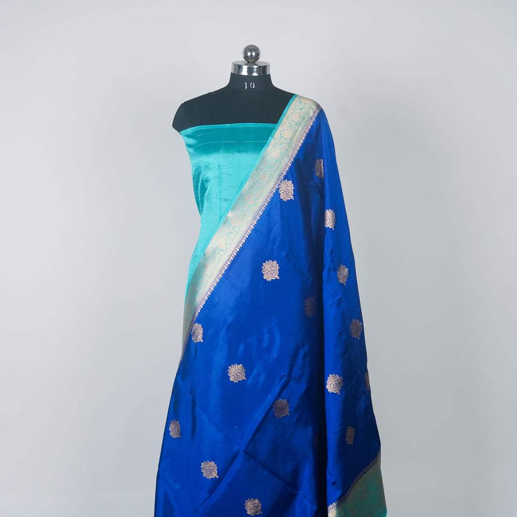 Navy Blue Contrast with lavender border - Pure Raw Mango Banarasi Saree with Golden Boota Motifs