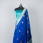 Navy Blue Contrast with lavender border - Pure Raw Mango Banarasi Saree with Golden Boota Motifs