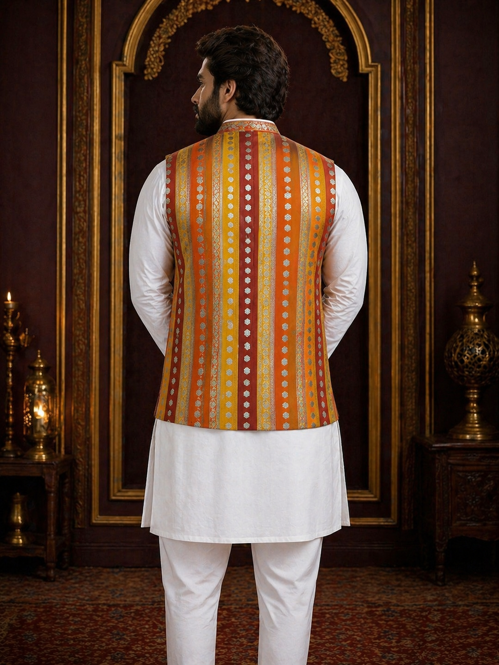 Multicolor Striped - Men's Silk Blend Sleeveless Striped Design Nehru Jacket