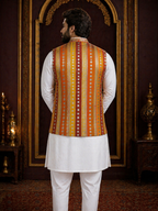 Multicolor Striped - Men's Silk Blend Sleeveless Striped Design Nehru Jacket