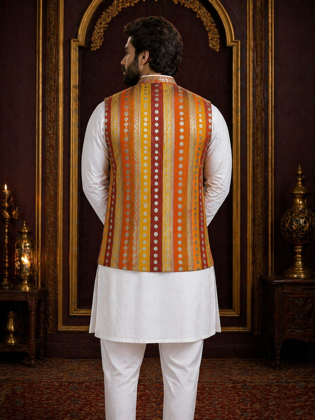 Multicolor Striped - Men's Silk Blend Sleeveless Striped Design Nehru Jacket