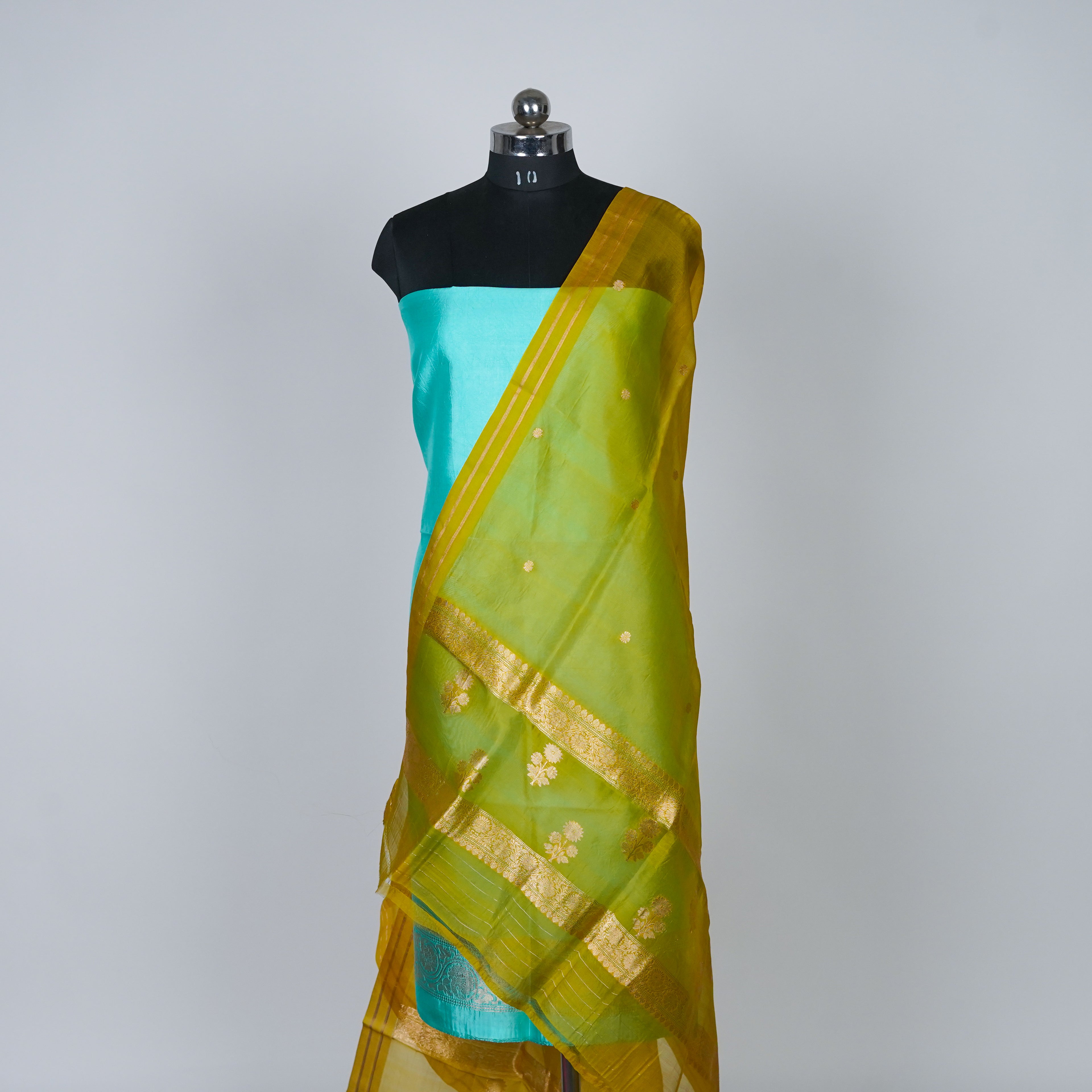 Teal Green Handloom Luxury Suit set contrast with light Yellow color.