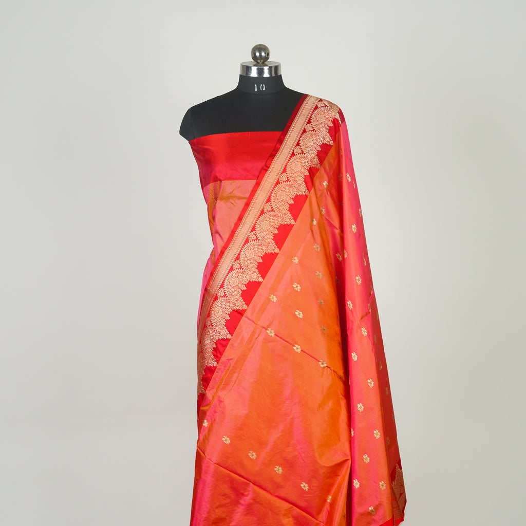 Pink contrast with Red - Pure Soft premium Katan Silk Banarasi Saree with Alfi small Booti and contrast Satin Border