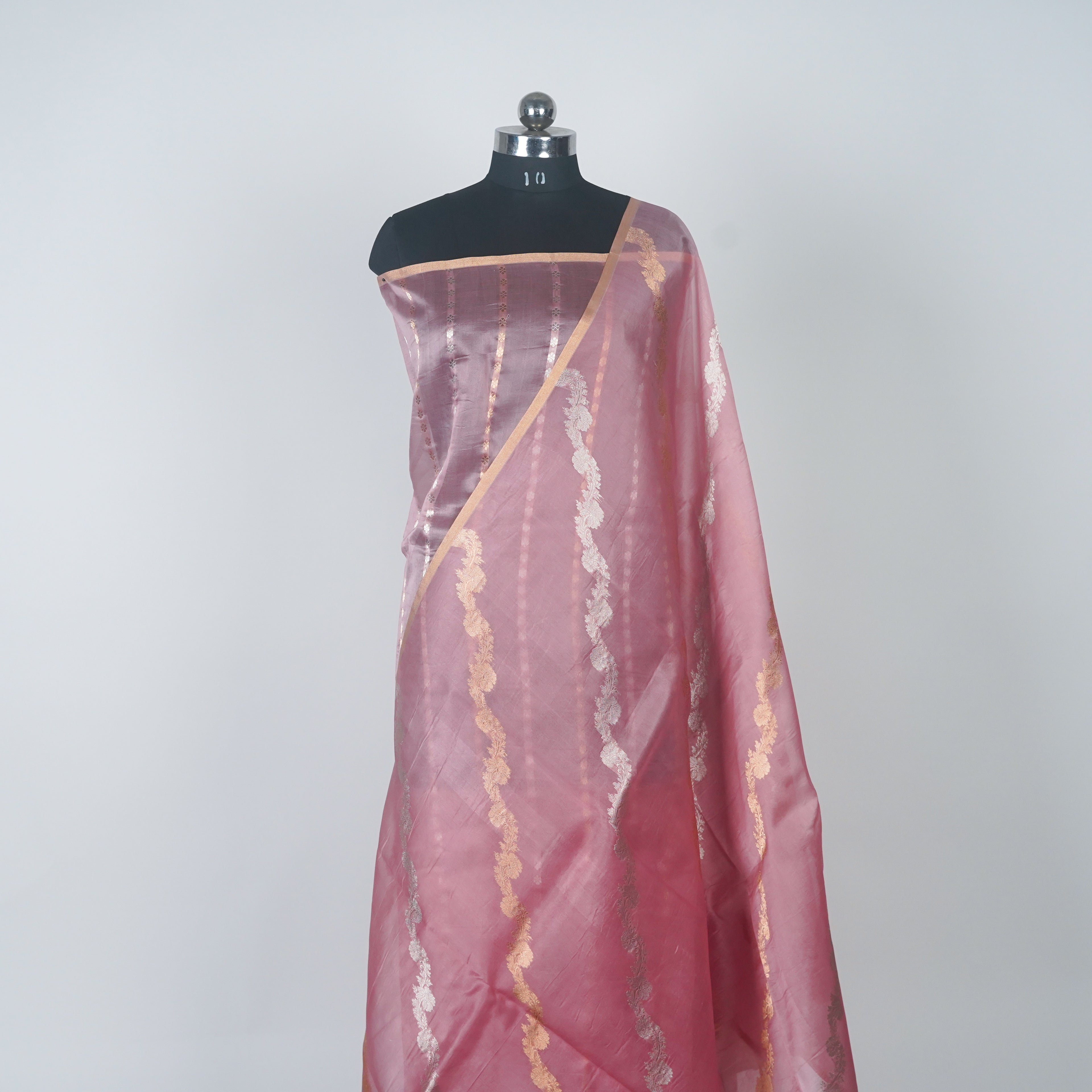 Pinkish Mauve Taupe - Pure Organza Banarasi Saree with Banarasi Half Laheria in gold and silver