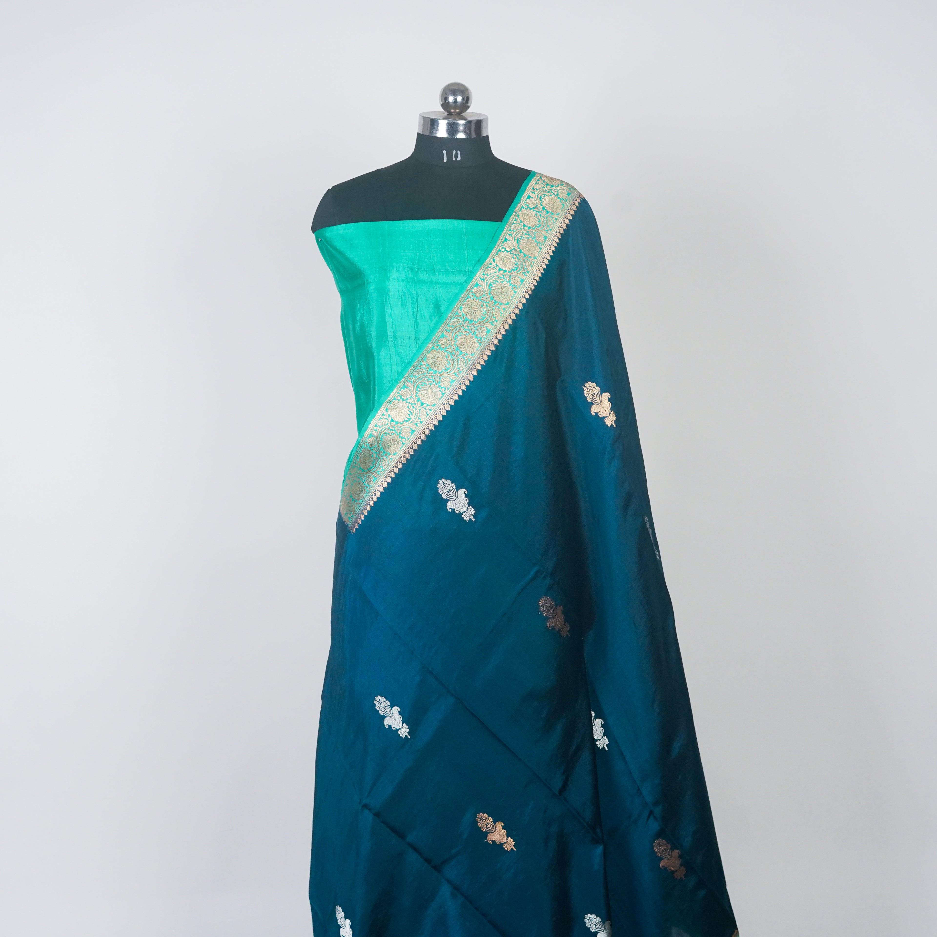 Dark Rama Contrast with Sea Green - Pure Raw Mango Banarasi Saree with Golden and silver Boota Motifs