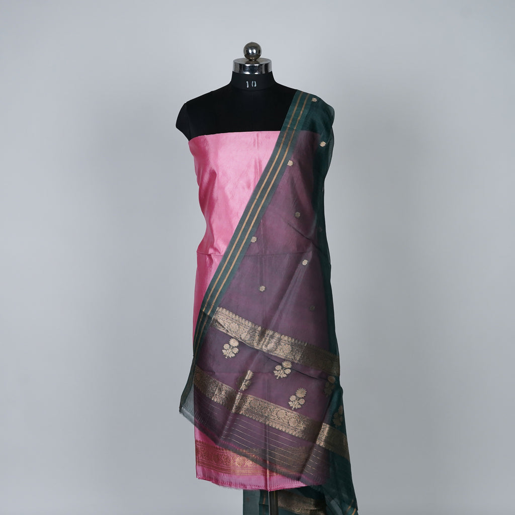 Pink Banarasi Handloom Luxury Suit set contrast with Emerald Deep Green color.