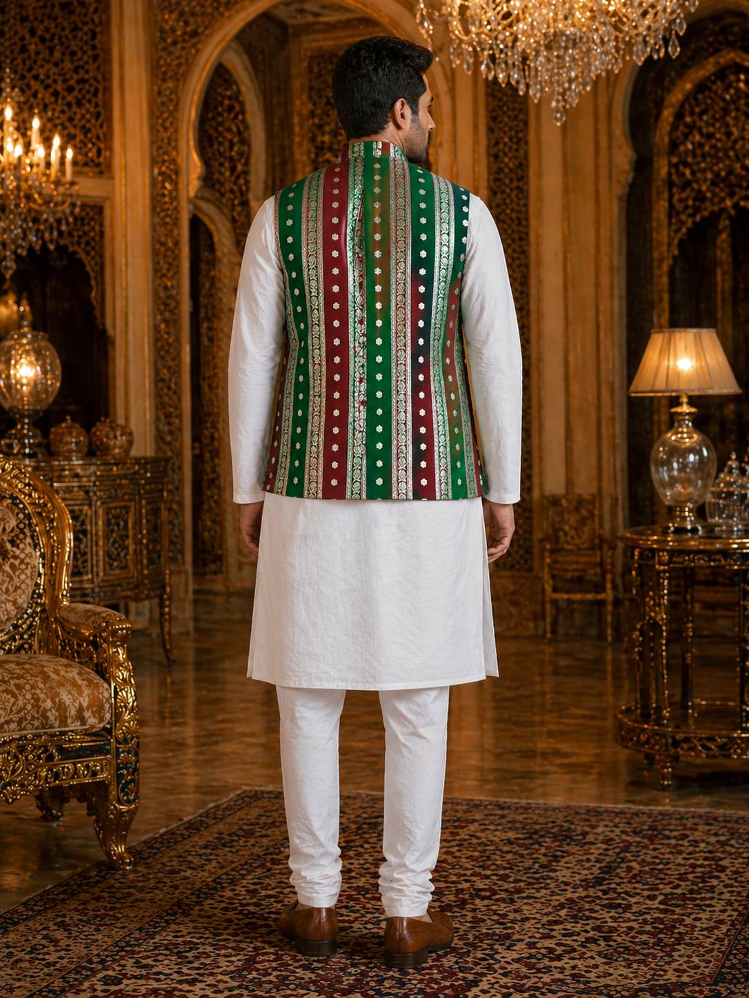 Multicolor Striped - Men's Silk Blend Sleeveless Striped Design Nehru Jacket