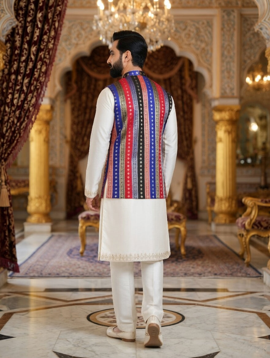 Multicolor Striped - Men's Silk Blend Sleeveless Striped Design Nehru Jacket