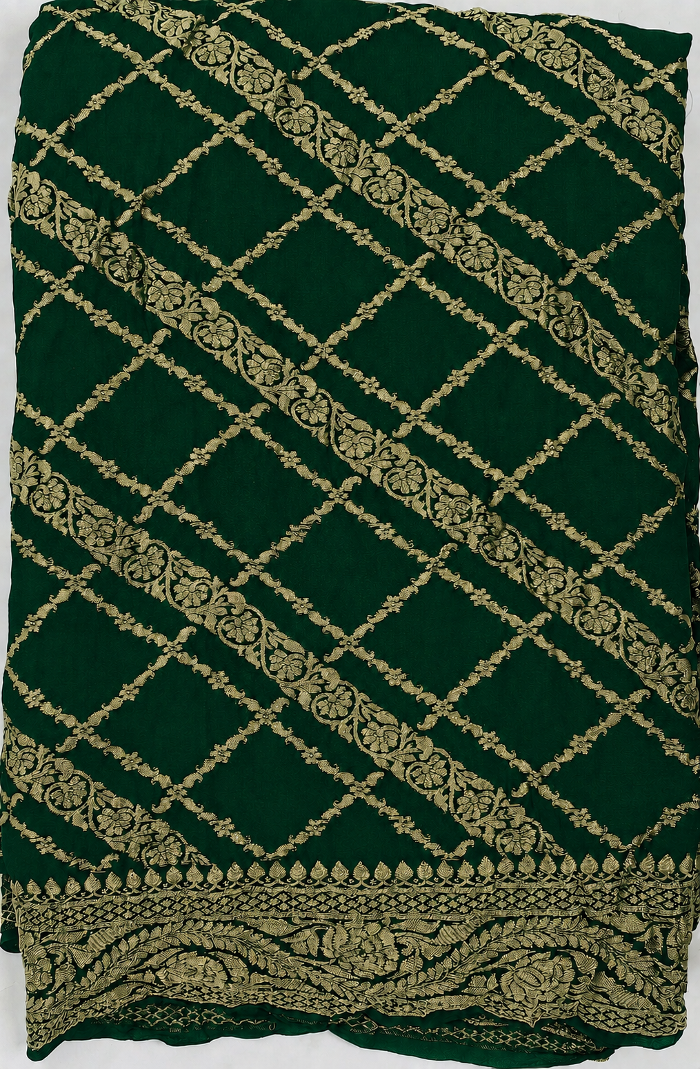 Bottle Green - Pure Khaddi Chiffon Georgette Silk Banarasi Saree
