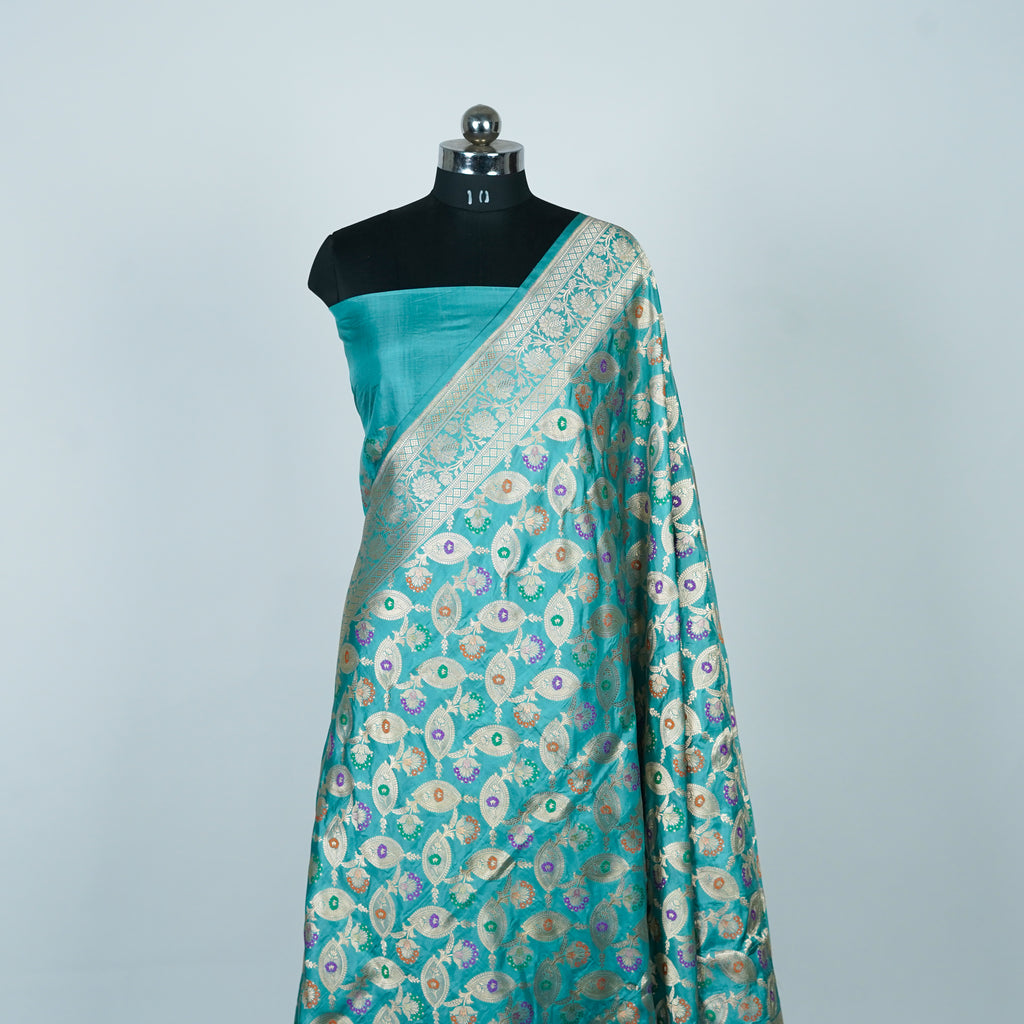 Aqua Green - Pure Katan Silk Banarasi Saree with water zari and multi color Jaal