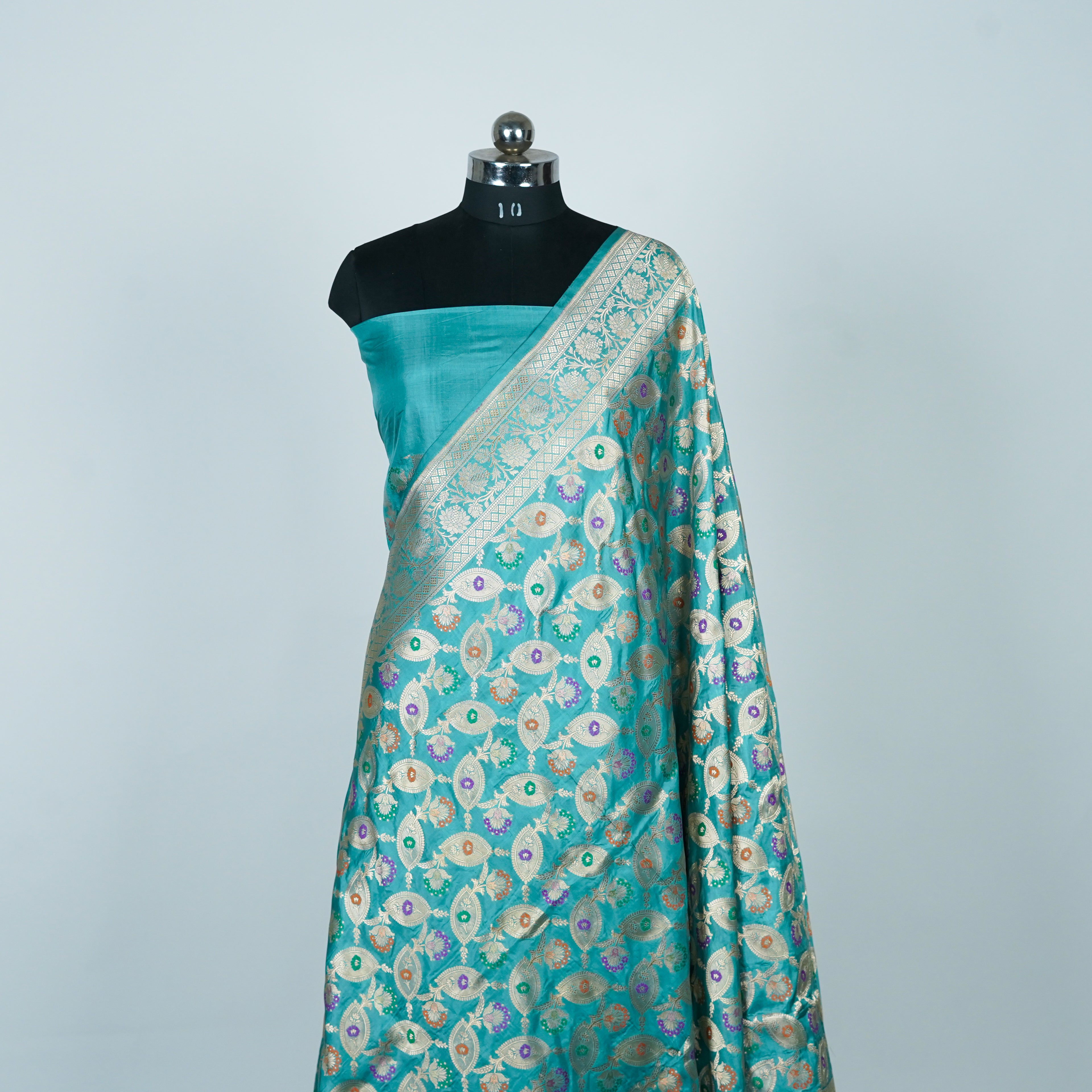 Aqua Green - Pure Katan Silk Banarasi Saree with water zari and multi color Jaal