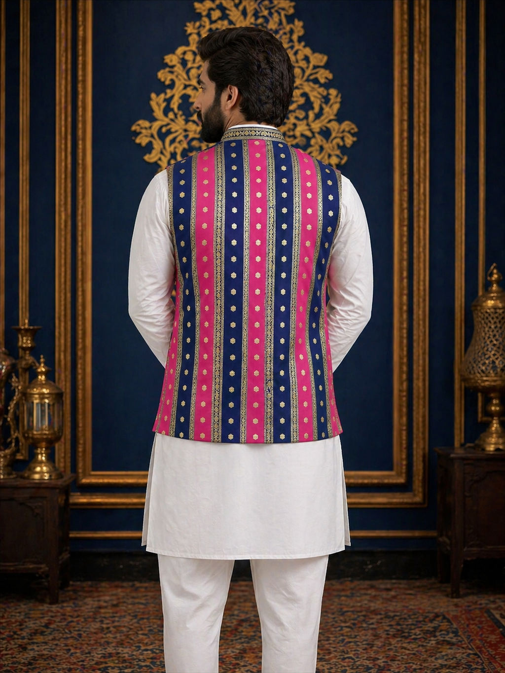 Multicolor Striped - Men's Silk Blend Sleeveless Striped Design Nehru Jacket