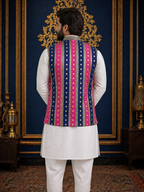 Multicolor Striped - Men's Silk Blend Sleeveless Striped Design Nehru Jacket
