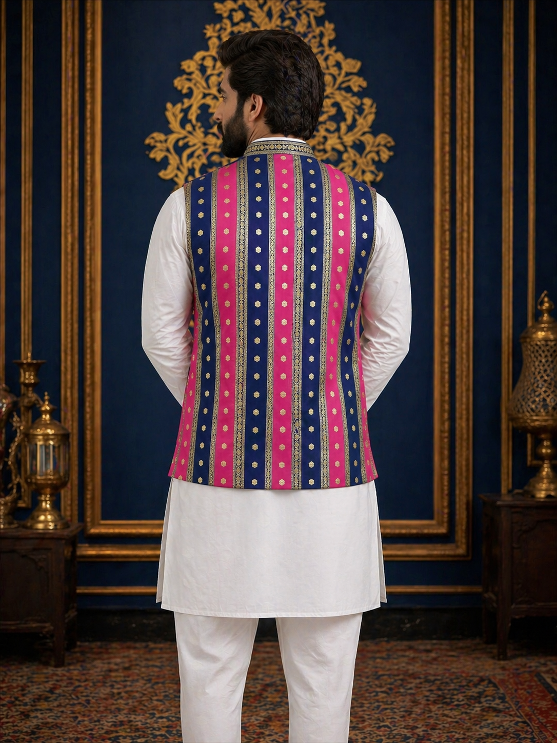 Multicolor Striped - Men's Silk Blend Sleeveless Striped Design Nehru Jacket