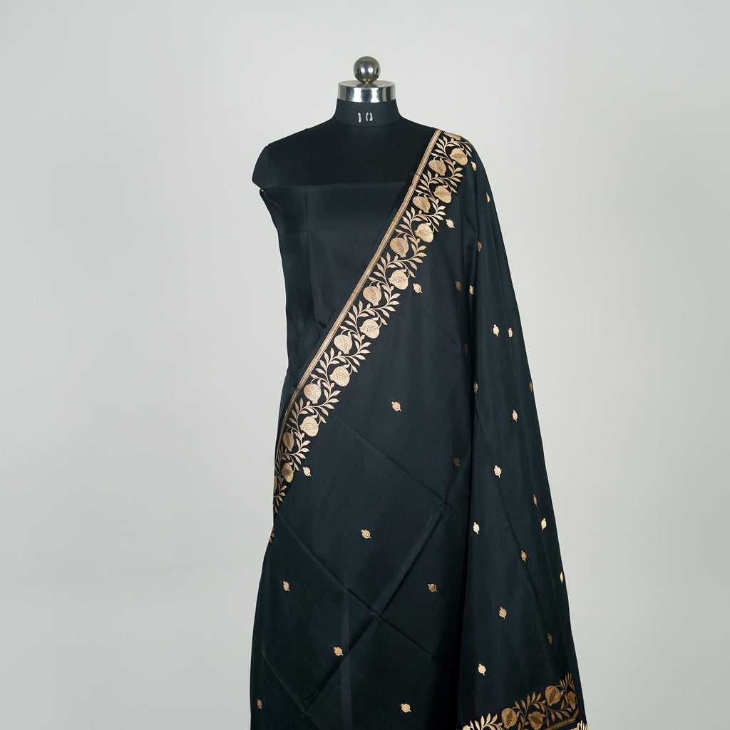 Black  - Pure Raw Mango Banarasi Saree with Goldenand silver Booti Motifs
