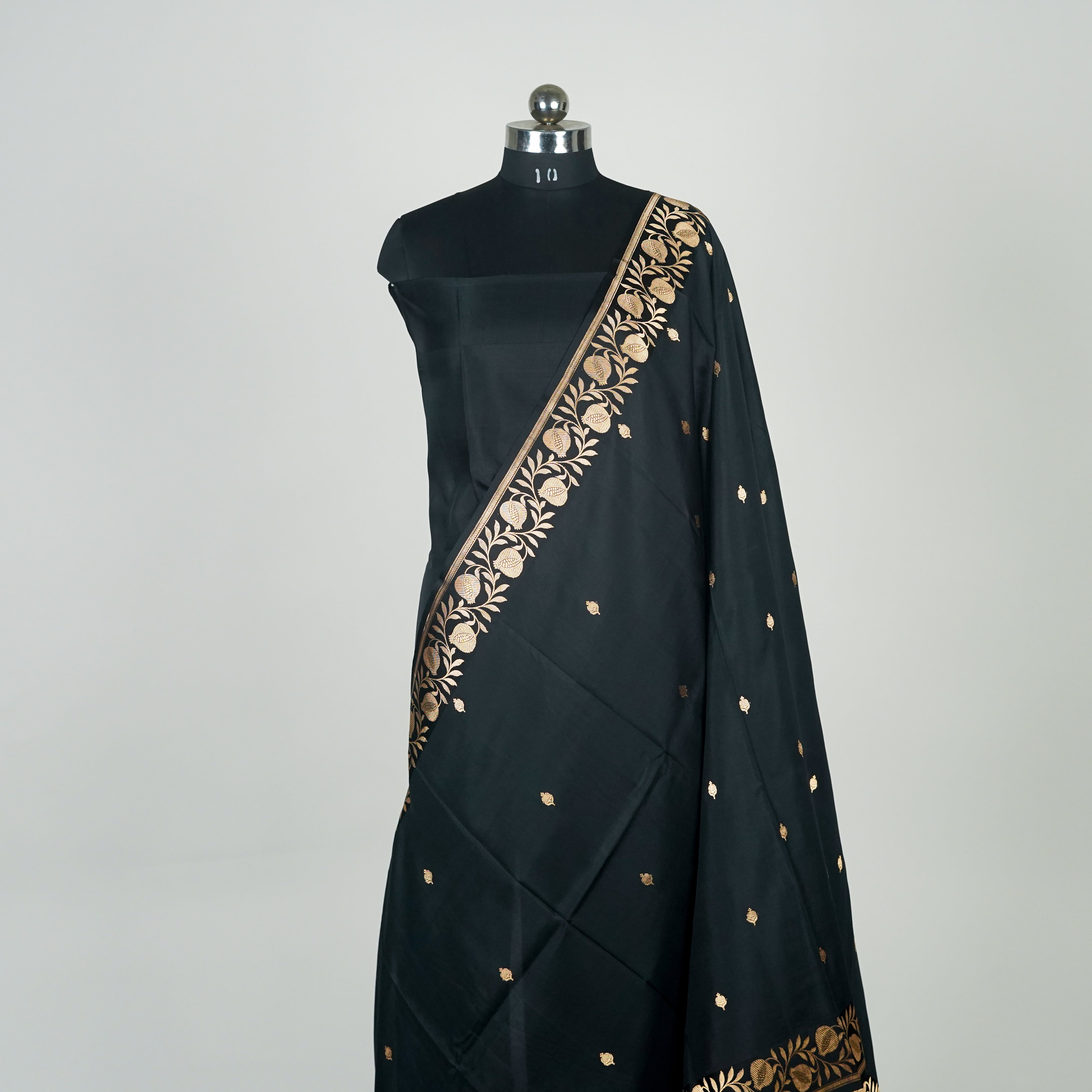 Black  - Pure Raw Mango Banarasi Saree with Goldenand silver Booti Motifs