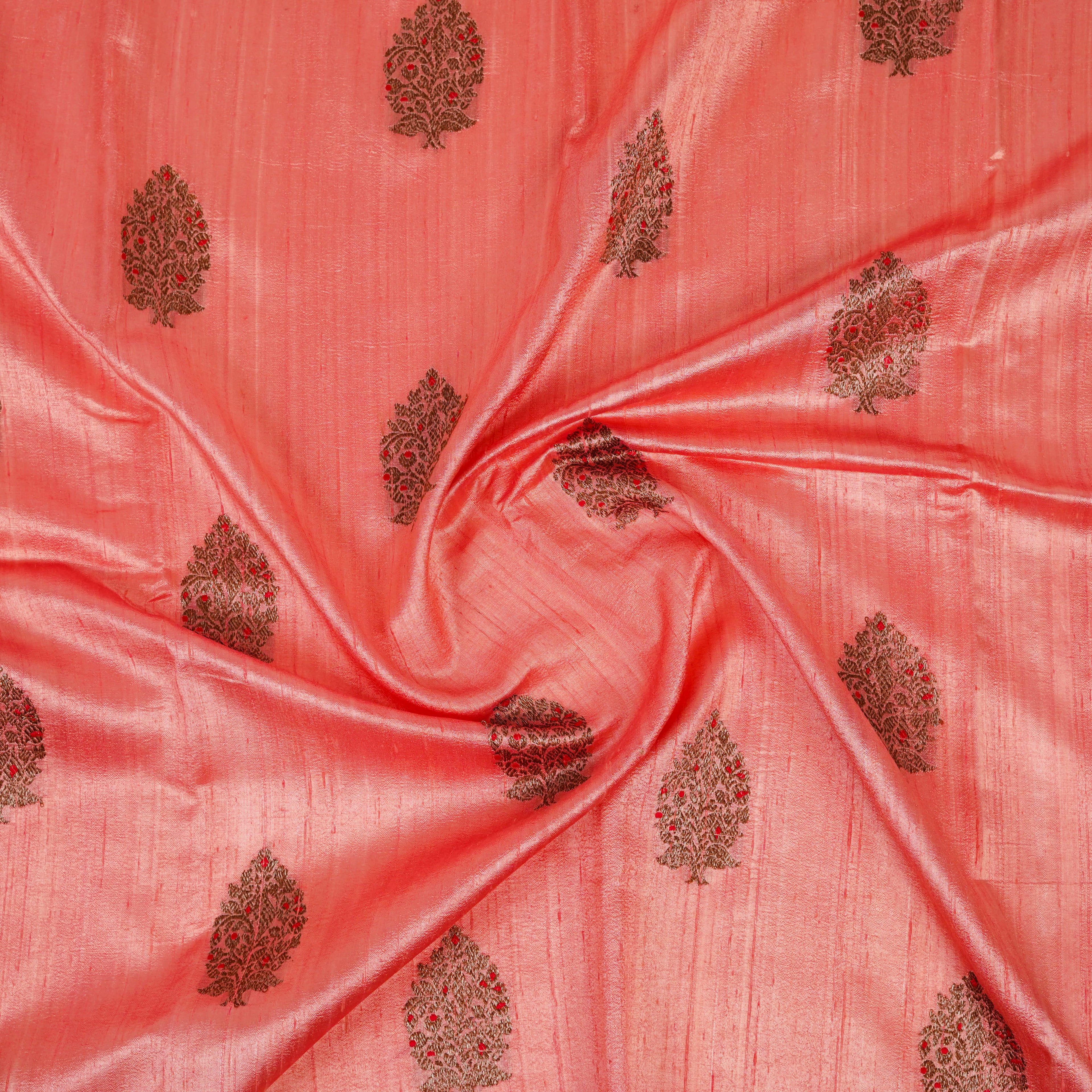 Peach  - Pure Matka Silk Banarasi Saree with neem zari Boota intricated with red and pink meena