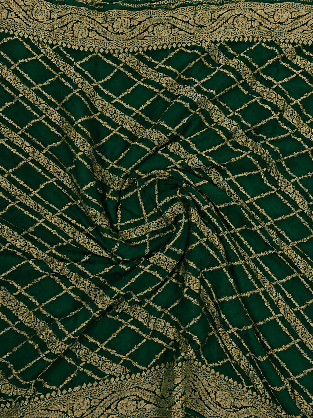Bottle Green - Pure Khaddi Chiffon Georgette Silk Banarasi Saree