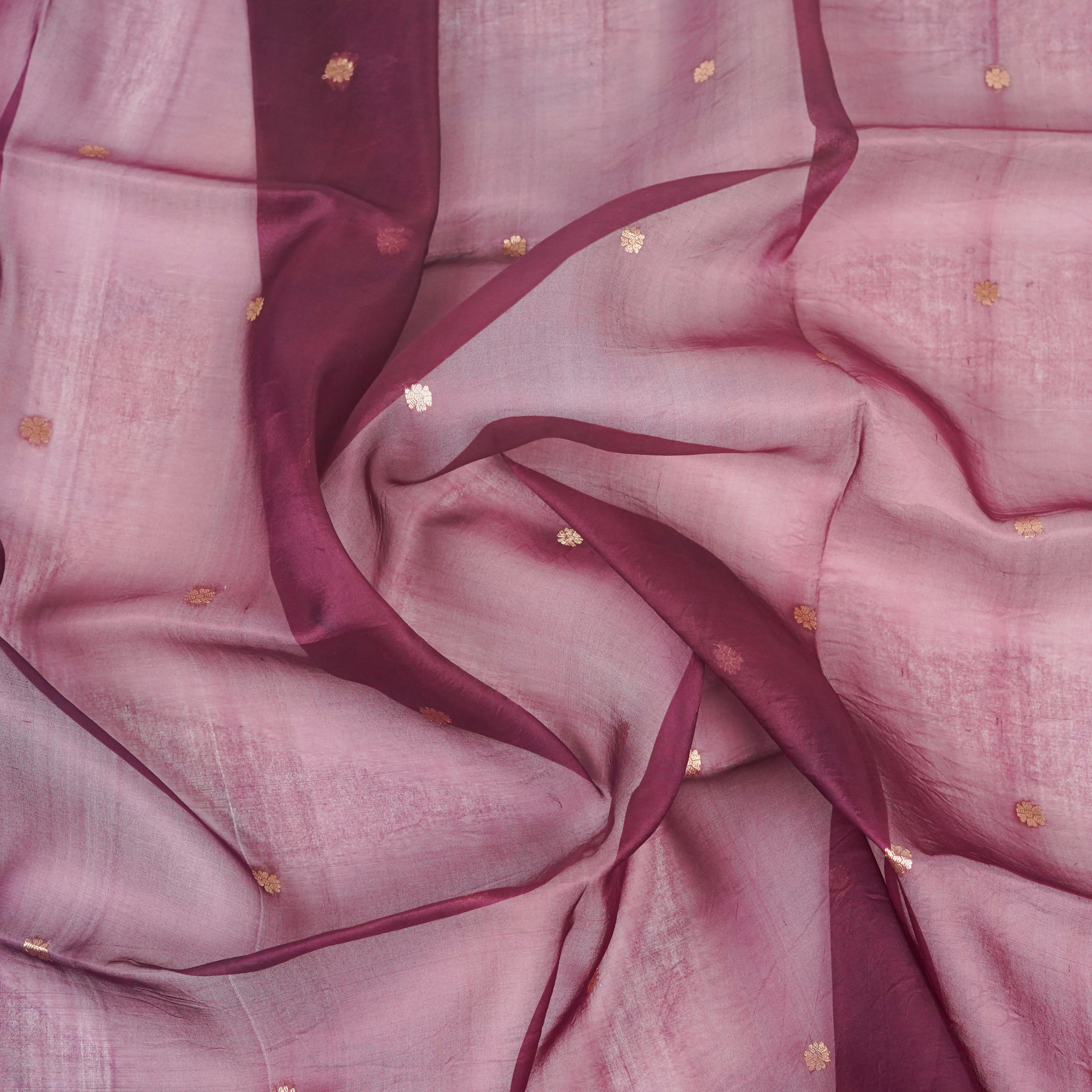 Wine - Pure soft Organza Silk Banarasi Dupatta with golden Booti design