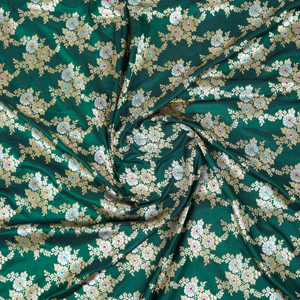 Bottle Green - Pure Katan Silk Banarasi Saree with water zari and multi color Jaal