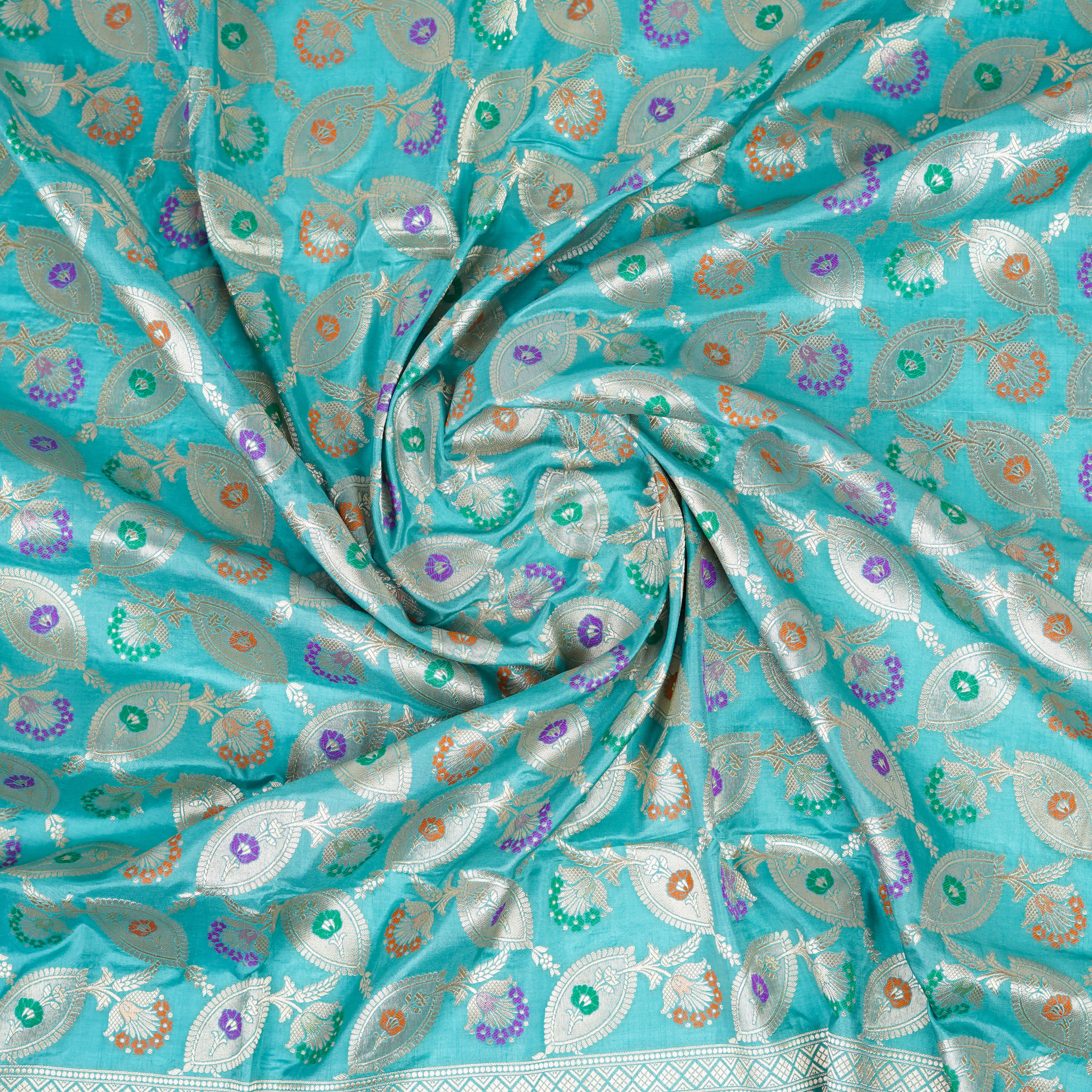 Aqua Green - Pure Katan Silk Banarasi Saree with water zari and multi color Jaal