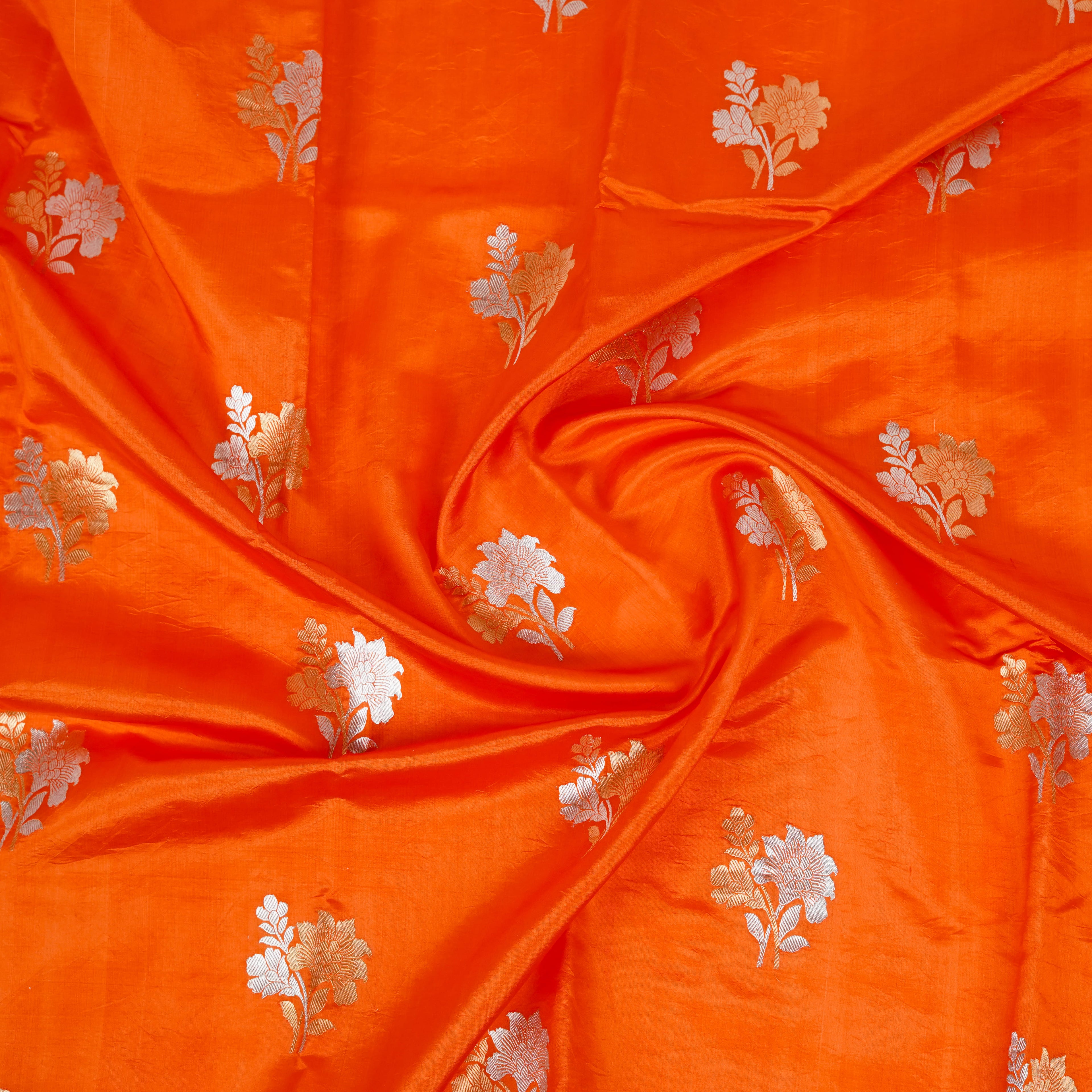 Reddish Orange - Pure Raw Mango Banarasi Saree with Silver Zari and Skirt Border Design