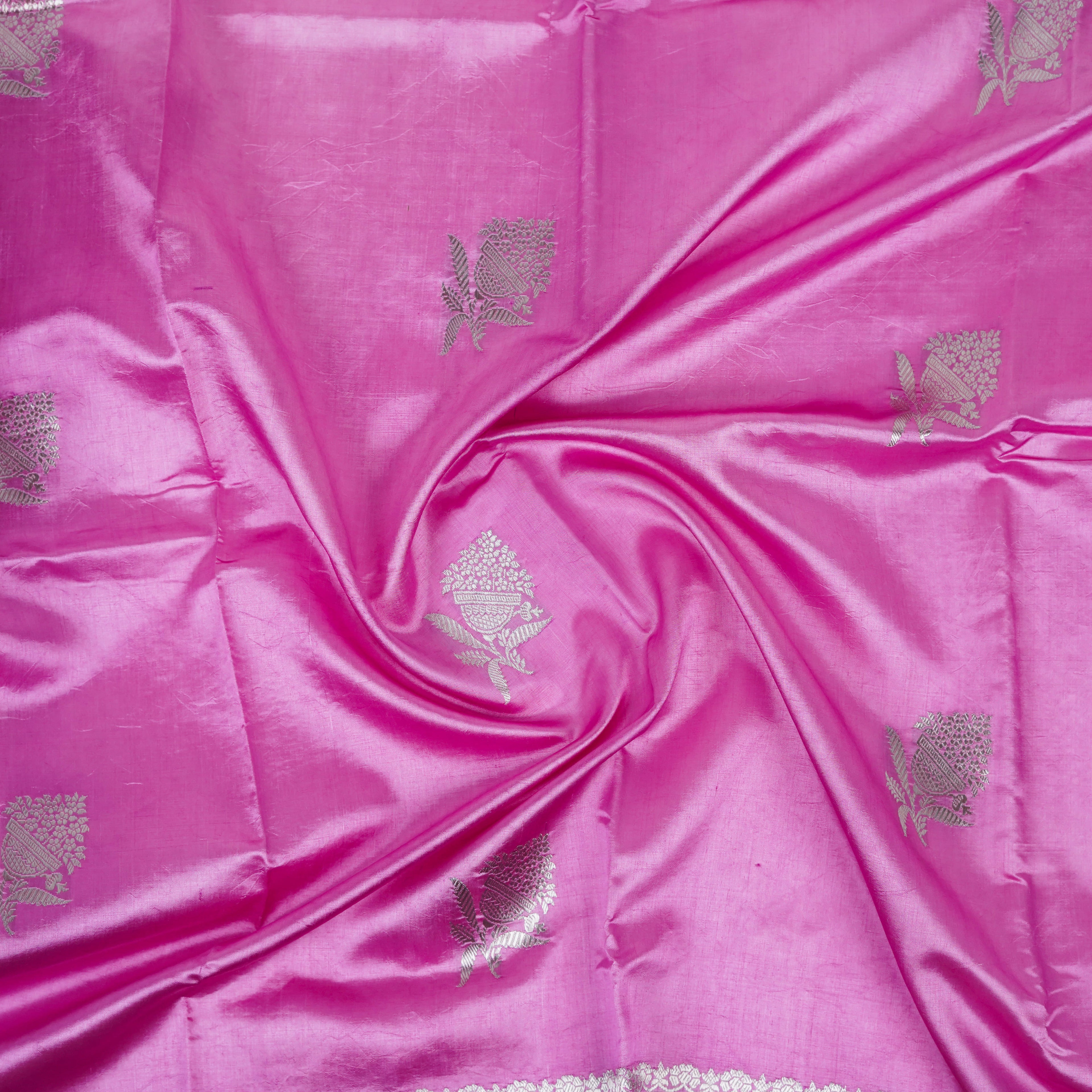 Pink - Pure Raw Mango Banarasi Saree with Silver Zari and Skirt Border Design